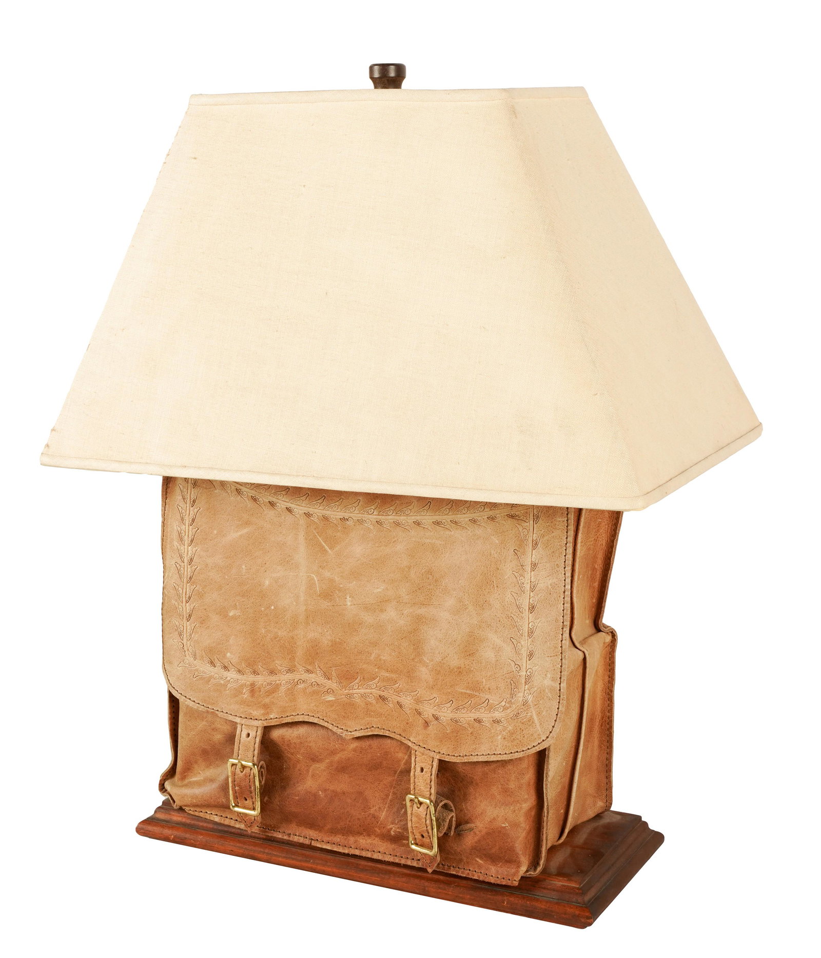 Connie Stevens- Saddle Bag Table Lamp: with "Guild Master" manufacturer's label to underside the shade: 11 x 19 x 11 in. (27.9 x 48.3 x 27.9 cm.), overall height: 23 1/2 in. (59.7 cm.)