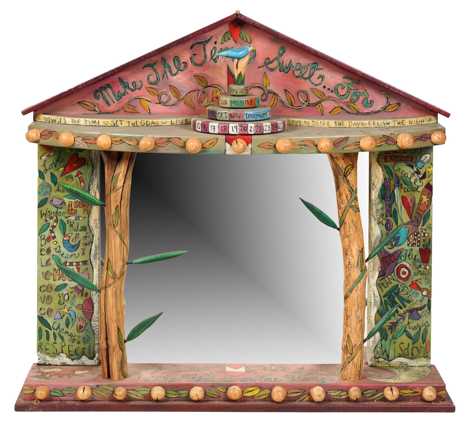 Connie Stevens- Folk Art Painted Wood Wall Mirror: unsigned 39 1/2 x 44 x 14 in. (100.3 x 111.8 x 35.6 cm.)