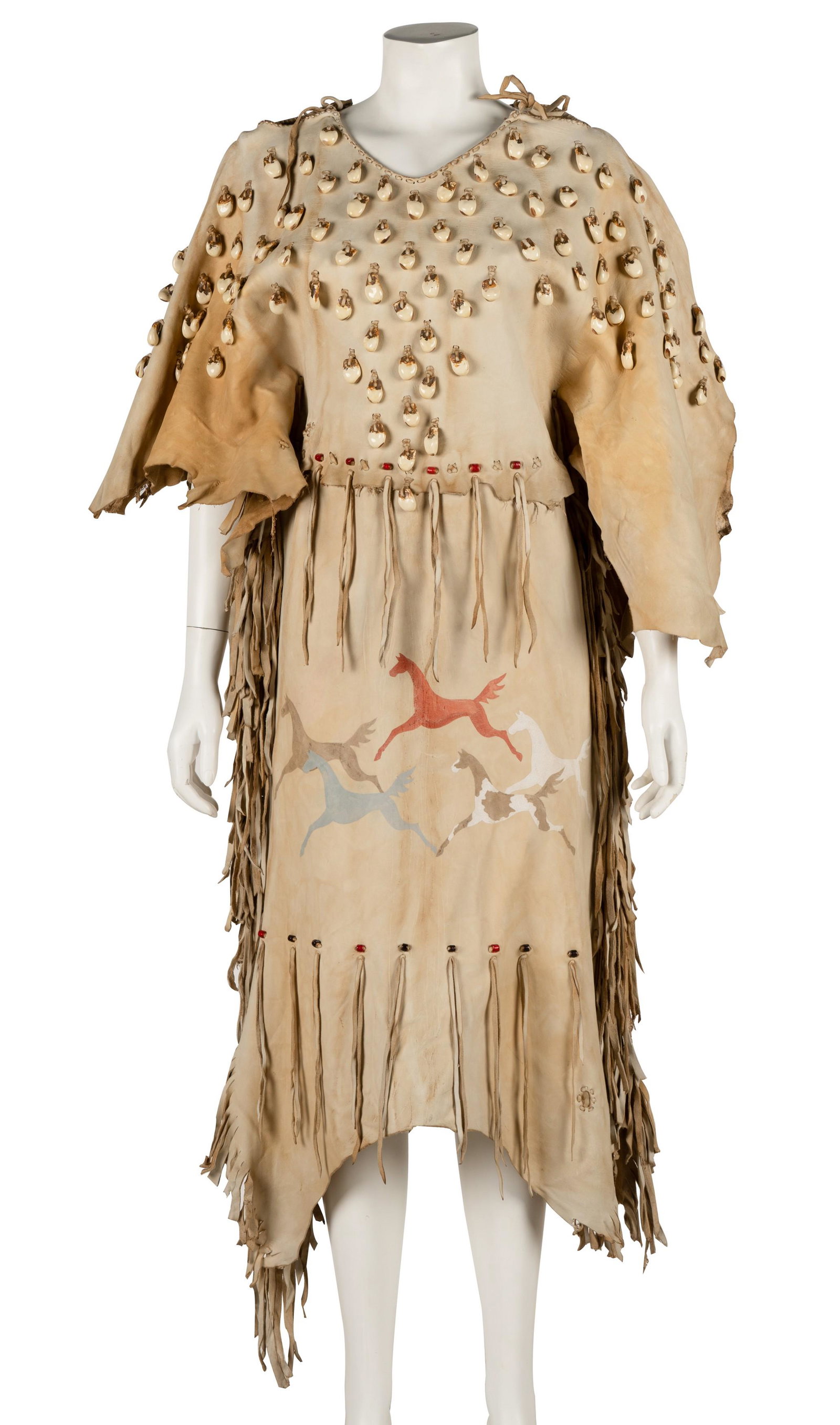 Connie Stevens- Native American-Style Dress: leather, beaded and hand-painted with animals 57 in. (144.8 cm.) long, width across shoulders: 16 in. (40.6 cm.), width across chest: 16 in. (40.6 cm.) Connie Stevens (born Concetta Rosalie Ann Ingogl