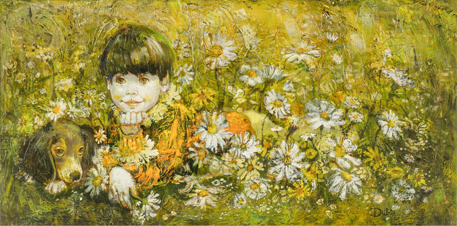 Connie Stevens- 20th Century: Child with Dog: 1967; oil on board; signed "Dubin" and dated lower right 15 x 30 in. (38.1 x 76.2 cm.), Frame: 23 1/4 x 38 1/2 in. (59.1 x 97.8 cm.)