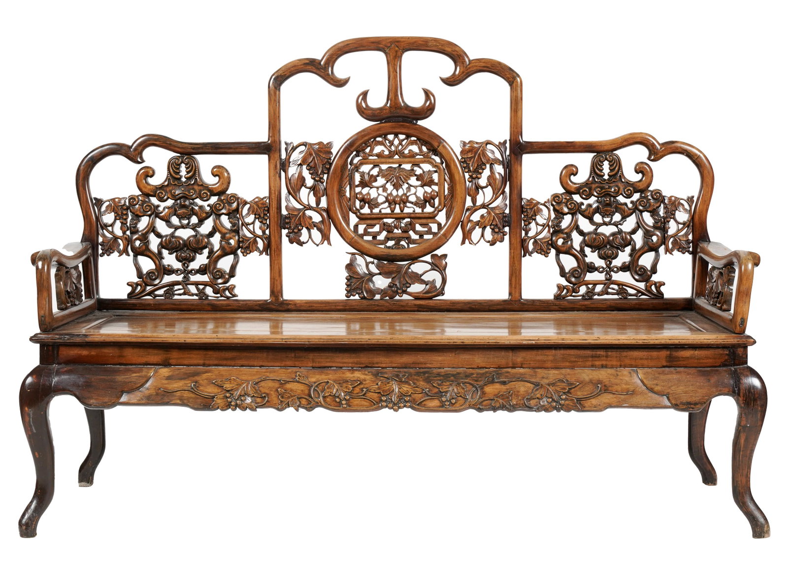 Connie Stevens- Chinese Carved Hardwood Settee: 47 x 70 x 23 1/2 in. (119.4 x 177.8 x 59.7 cm.), seat height: 18 1/2 in. (47 cm.)