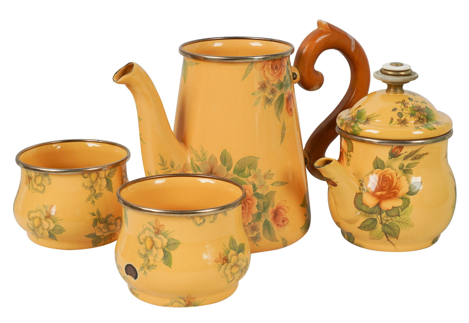 Connie Stevens- MacKenzie-Childs Enamelware Tea Service: marked to undersides; comprising a pitcher with wooden handle (6 x 9 1/2 x 5 in.), a covered chocolate pot with wooden handle (5 3/4 x 8 x 4 in.), and two cups (2 3/4 x 4 in. dia.)