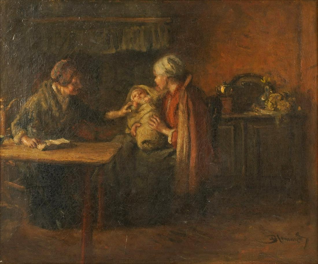 Connie Stevens- Bernard Johannes Blommers (1845 - 1914): Dutch Interior: oil on canvas; signed lower right 16 x 19 1/4 in. (40.6 x 48.9 cm.), Frame: 20 1/2 x 23 3/4 in. (52.1 x 60.3 cm.) Provenance: label verso "Mr. and Mrs Allen", and further label "Los Angeles County Mus