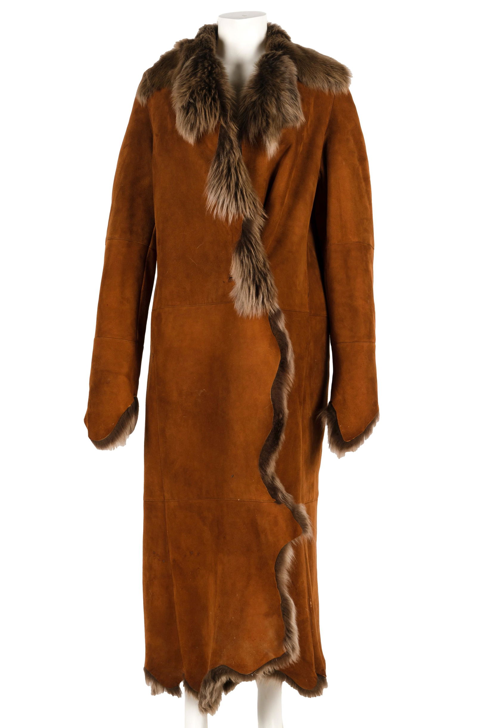 Connie Stevens- Fur-trimmed Brown Suede Long Coat: Rizal label inside length: 57 in. (144.8 cm.), width of shoulders: 16 in. (40.6 cm.), width of chest: 18 in. (45.7 cm.)
