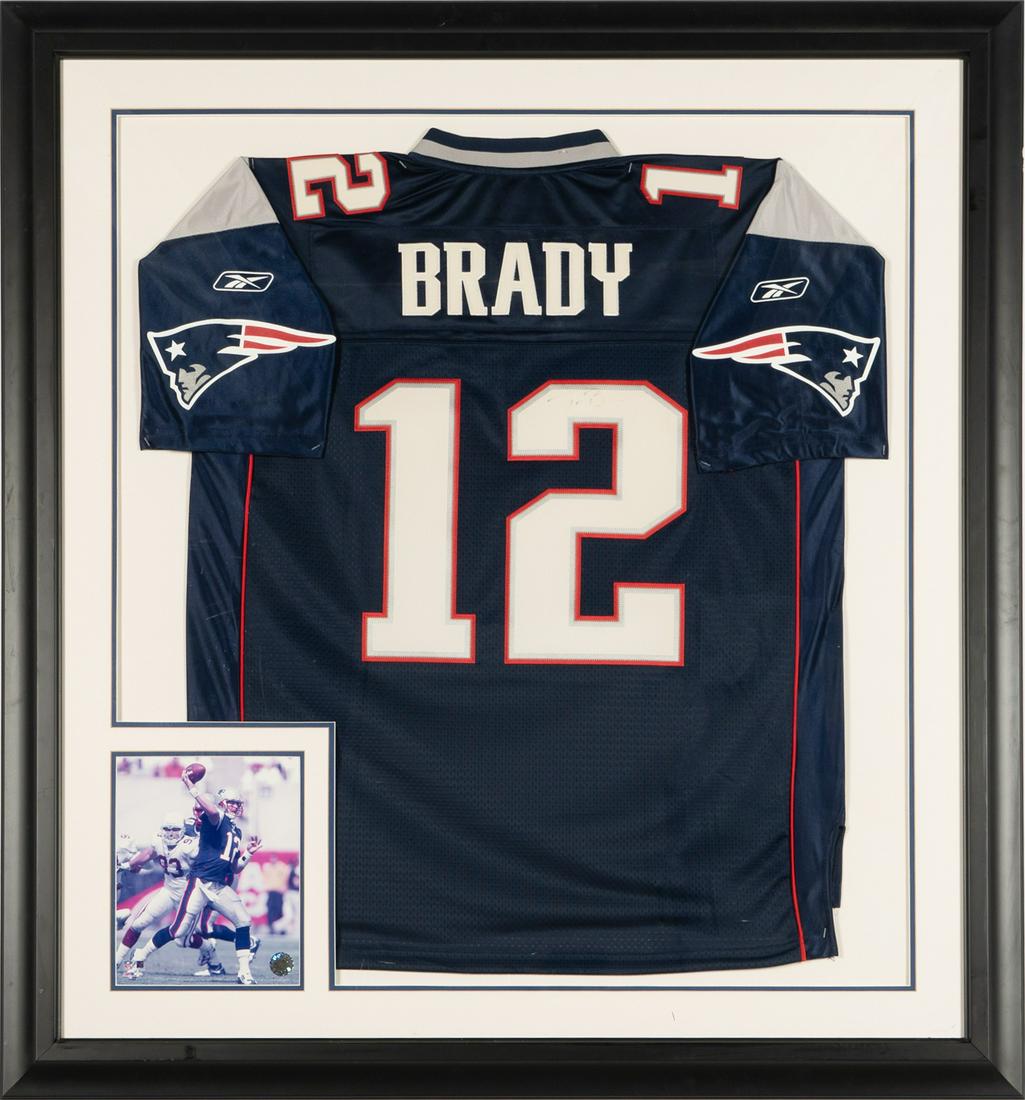 Connie Stevens- Tom Brady Signed Patriots Jersey: mounted to board and framed under acrylic; no COA frame: 46 1/2 x 43 in. (118.1 x 109.2 cm.)