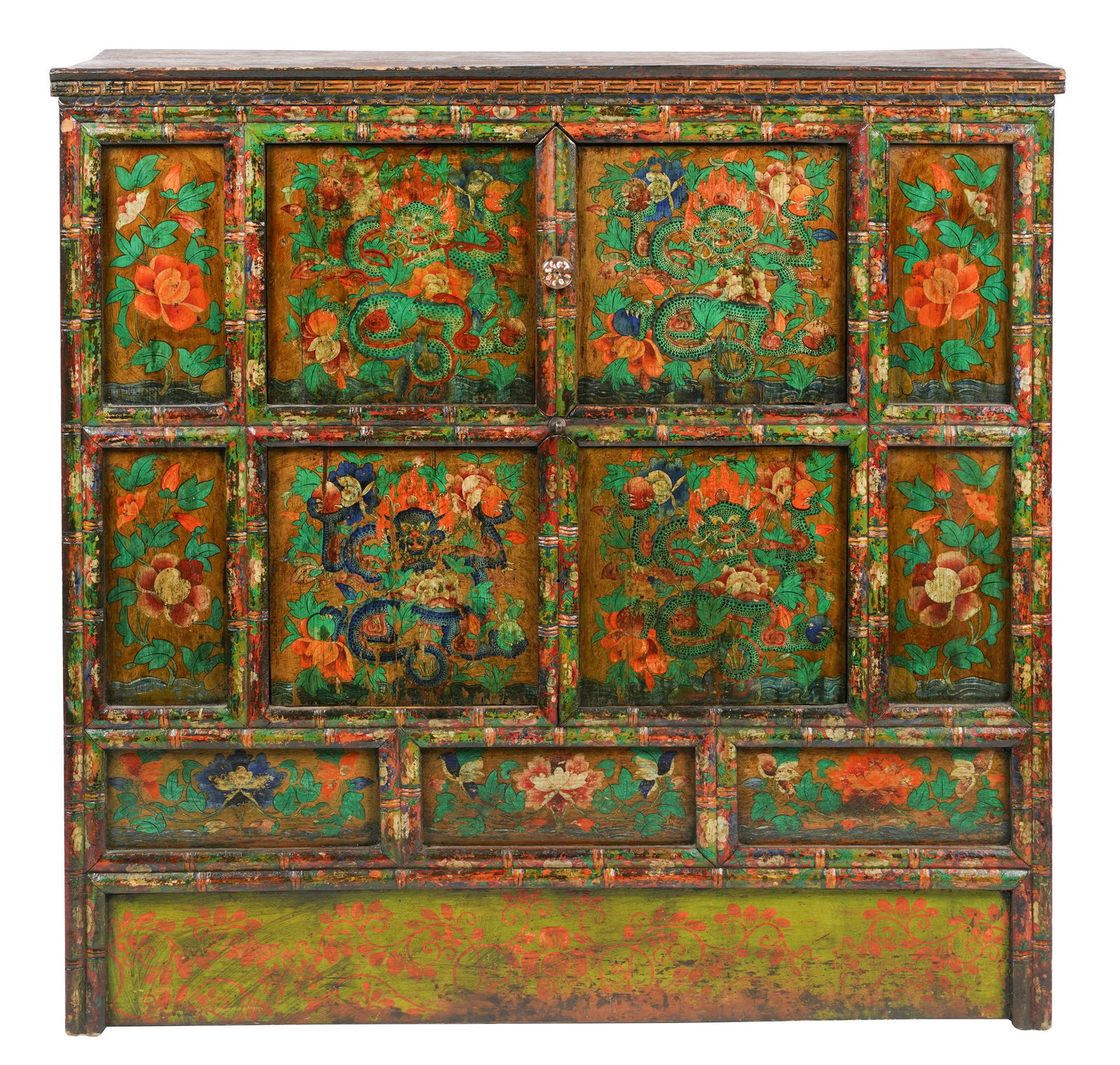Connie Stevens- Tibetan Painted Cabinet: with four hinged doors 45 x 47 x 19 in. (114.3 x 119.4 x 48.3 cm.)