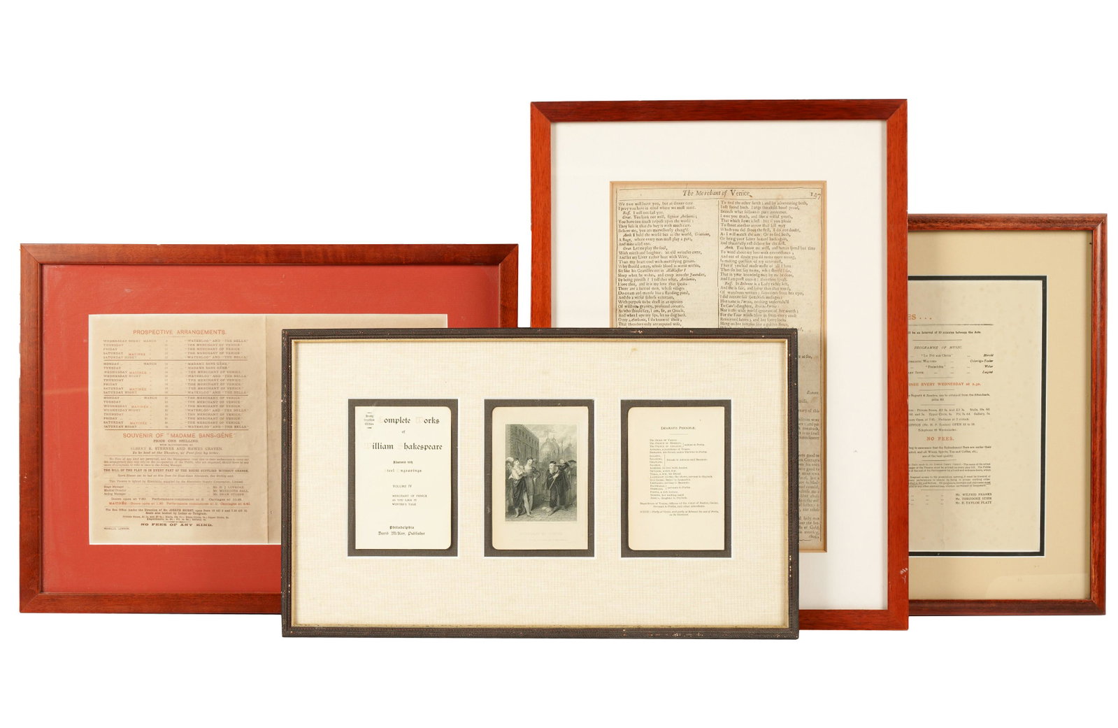 David Birney- Group of Framed Theatrical Ephemera: comprising four framed displays; the first: a Royal Lyceum Theatre program of "The Merchant of Venice" (Sight: 8 1/2 x 13 in., Frame: 13 3/4 x 18 1/2 in.), the second: a script page of "The Merchant o