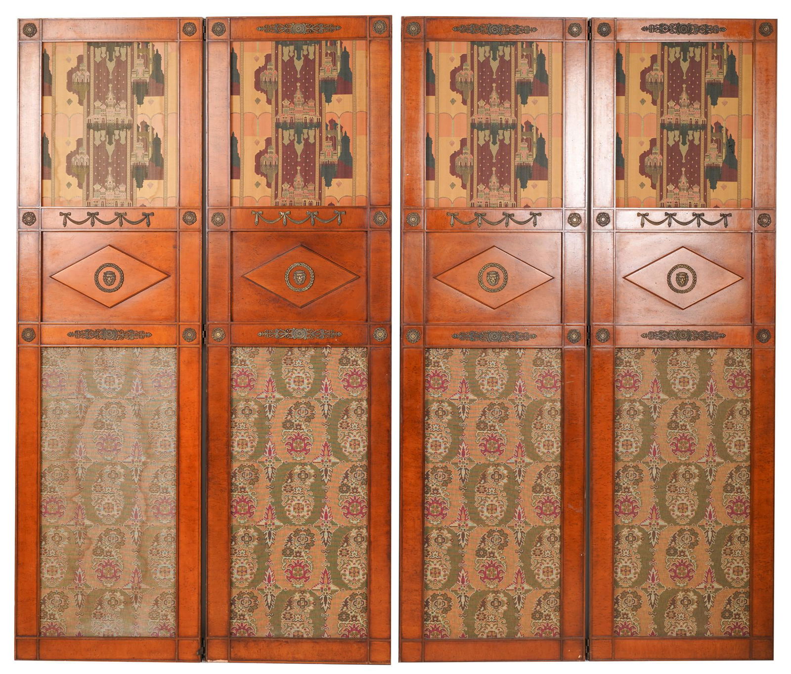 Connie Stevens- Four-Panel Dressing Screen / Room Divider: with inset fabric and metal mounts each panel: 78 x 22 1/2 in. (198.1 x 57.2 cm.), overall width: 91 1/2 in. (232.4 cm.)