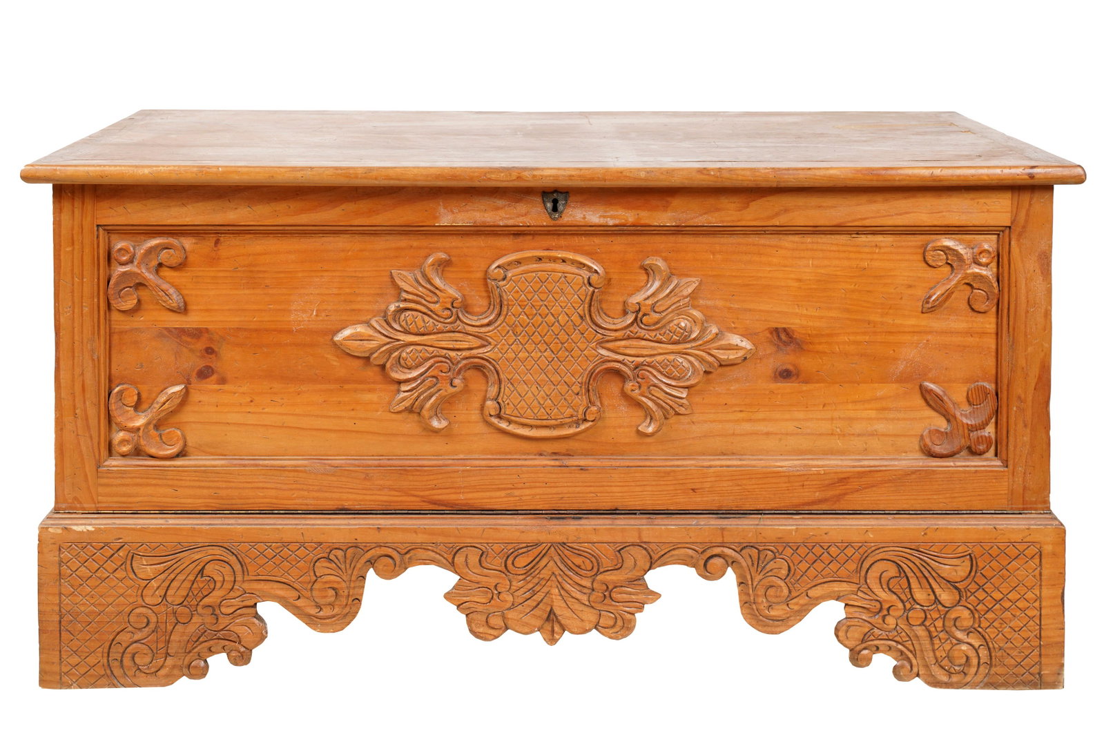 Connie Stevens- Carved Oak Trunk: with hinged drop front 25 1/2 x 50 3/4 x 24 1/4 in. (64.8 x 128.9 x 61.6 cm.)