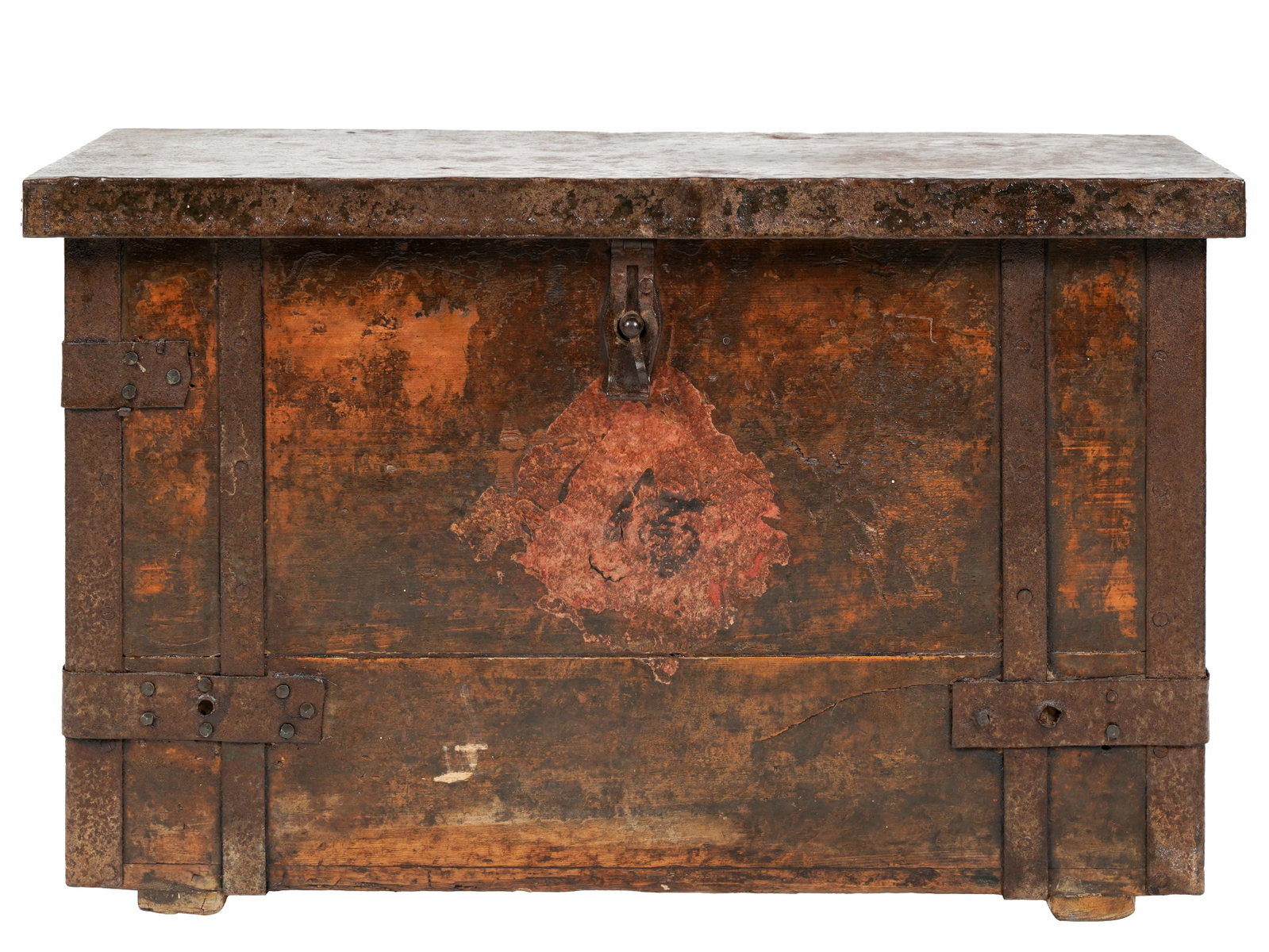 Iron-Bound Wooden Trunk: the hinged top enclosing a narrow rack 17 1/2 x 28 x 77 3/4 in. (44.5 x 71.1 x 197.5 cm.)