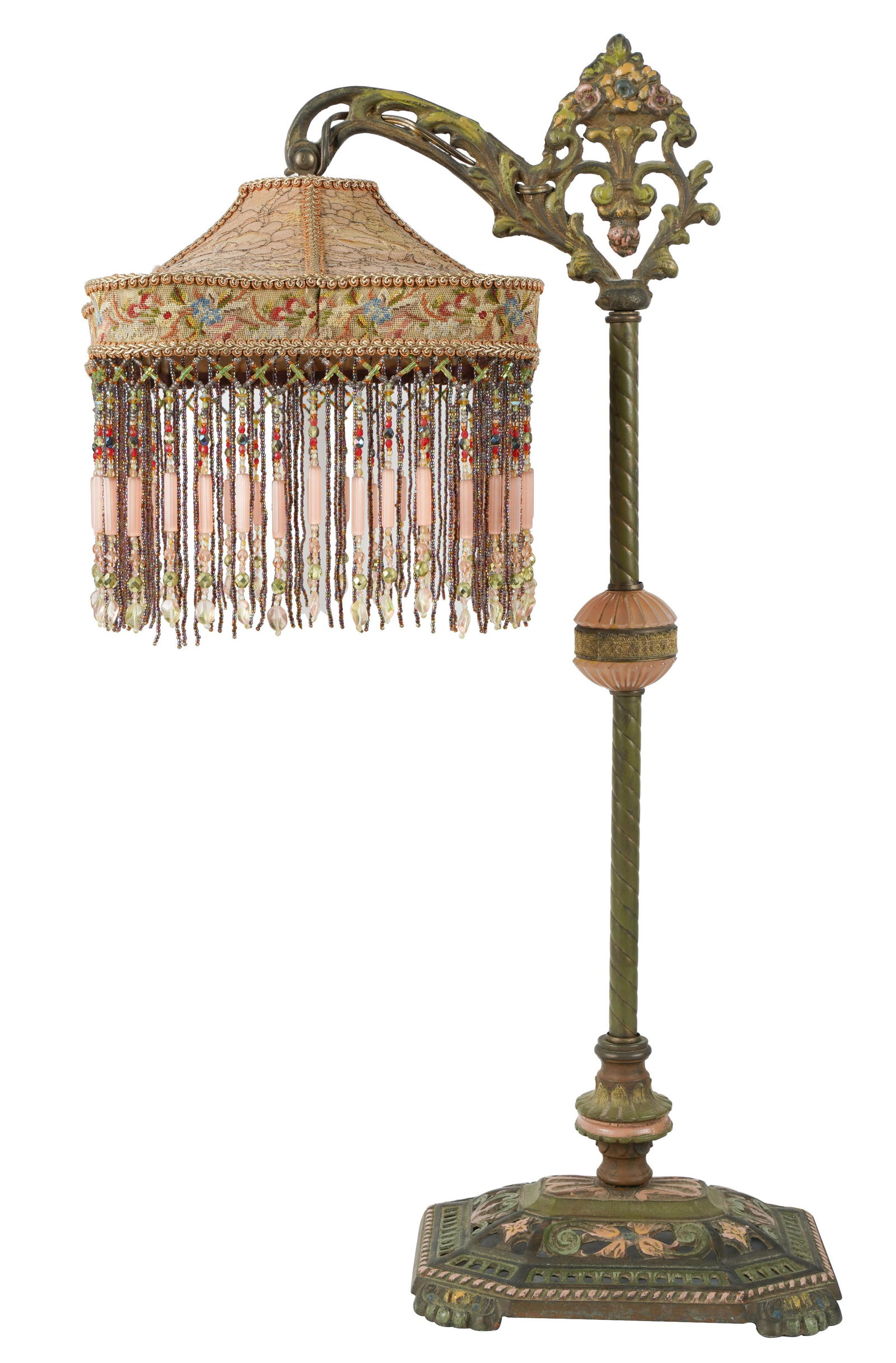 Connie Stevens- Victorian Cast Iron Table Lamp: with laced and beaded silk shade 29 1/2 x 14 1/4 x 16 in. (74.9 x 36.2 x 40.6 cm.)