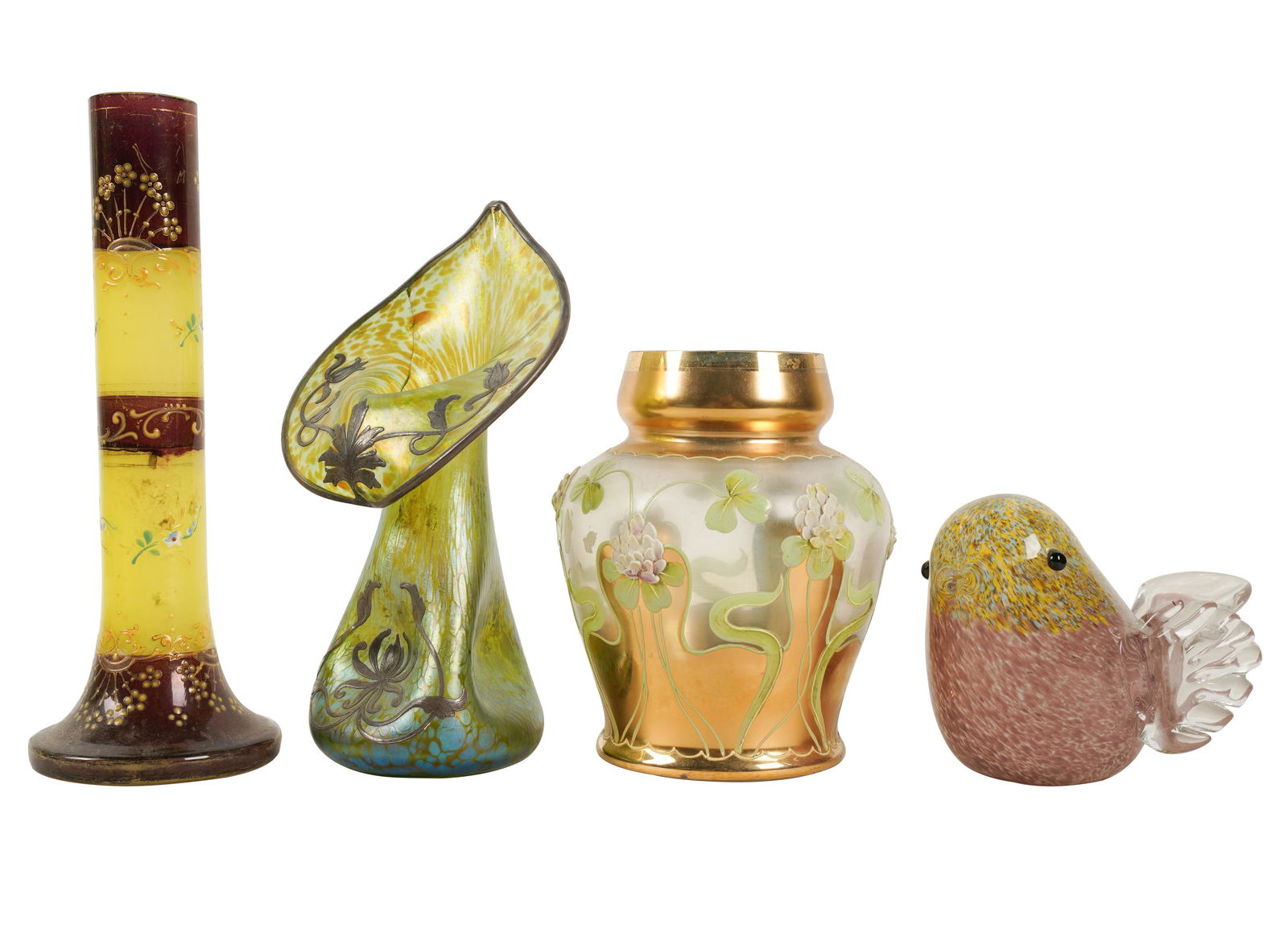Connie Stevens- Four Pieces of Art Glass: each unsigned; comprising an enameled bottle vase (8 1/4 in. high), an iridescent jack-in-the-pulpit-form vase with silver overlay (7 1/2 in. high), an art nouveau-style gilt and enameled vase (5 1/4
