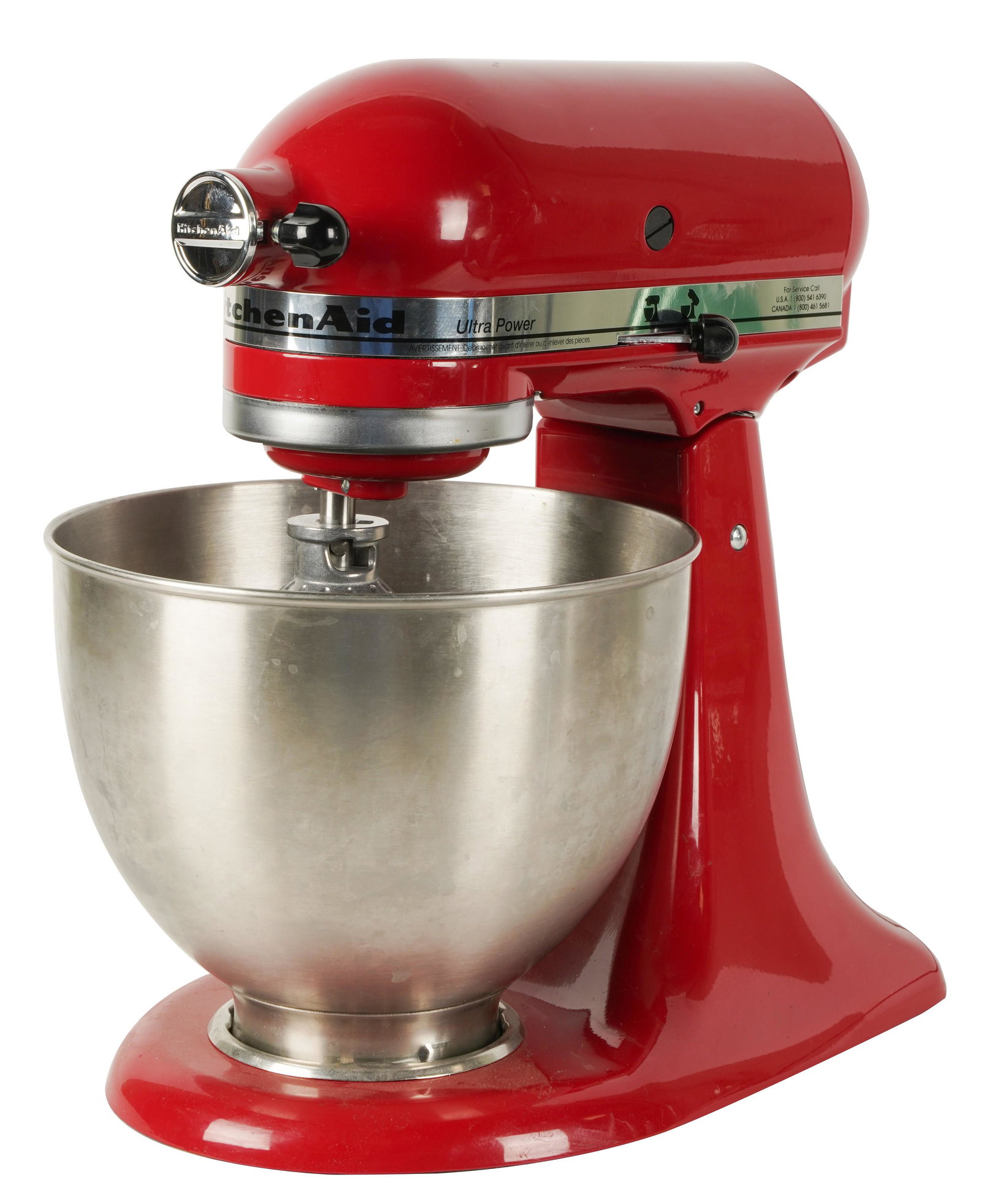 Connie Stevens- Red Kitchen Aid Stand Mixer: with stainless steel bow, whisk attachment, and flat beater attachment 14 x 14 1/2 x 9 in. (35.6 x 36.8 x 22.9 cm.)