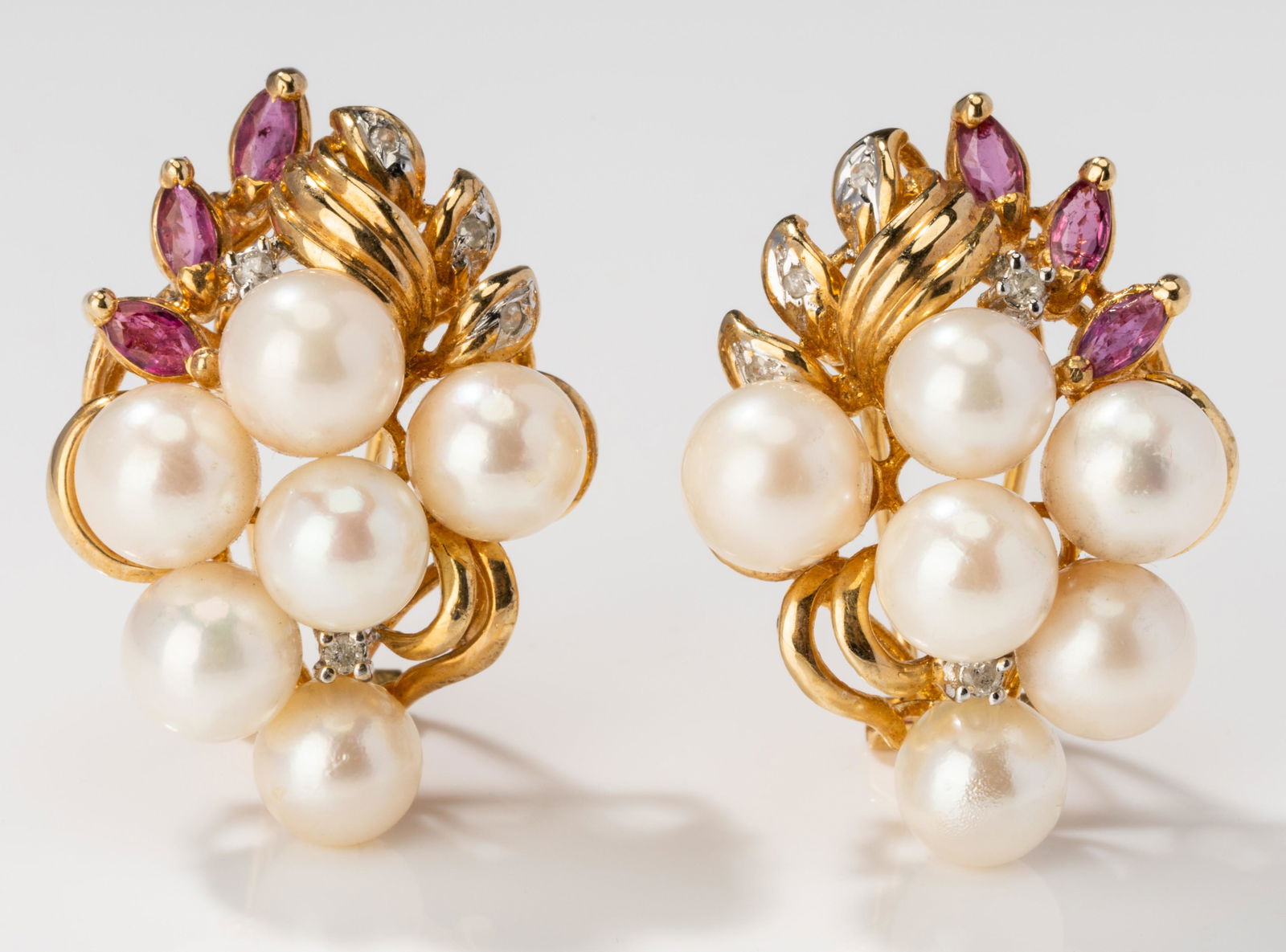 14 Karat Yellow Gold, Cultured Pearl, Diamond and Pink Sapphire Earrings (1 of 5)