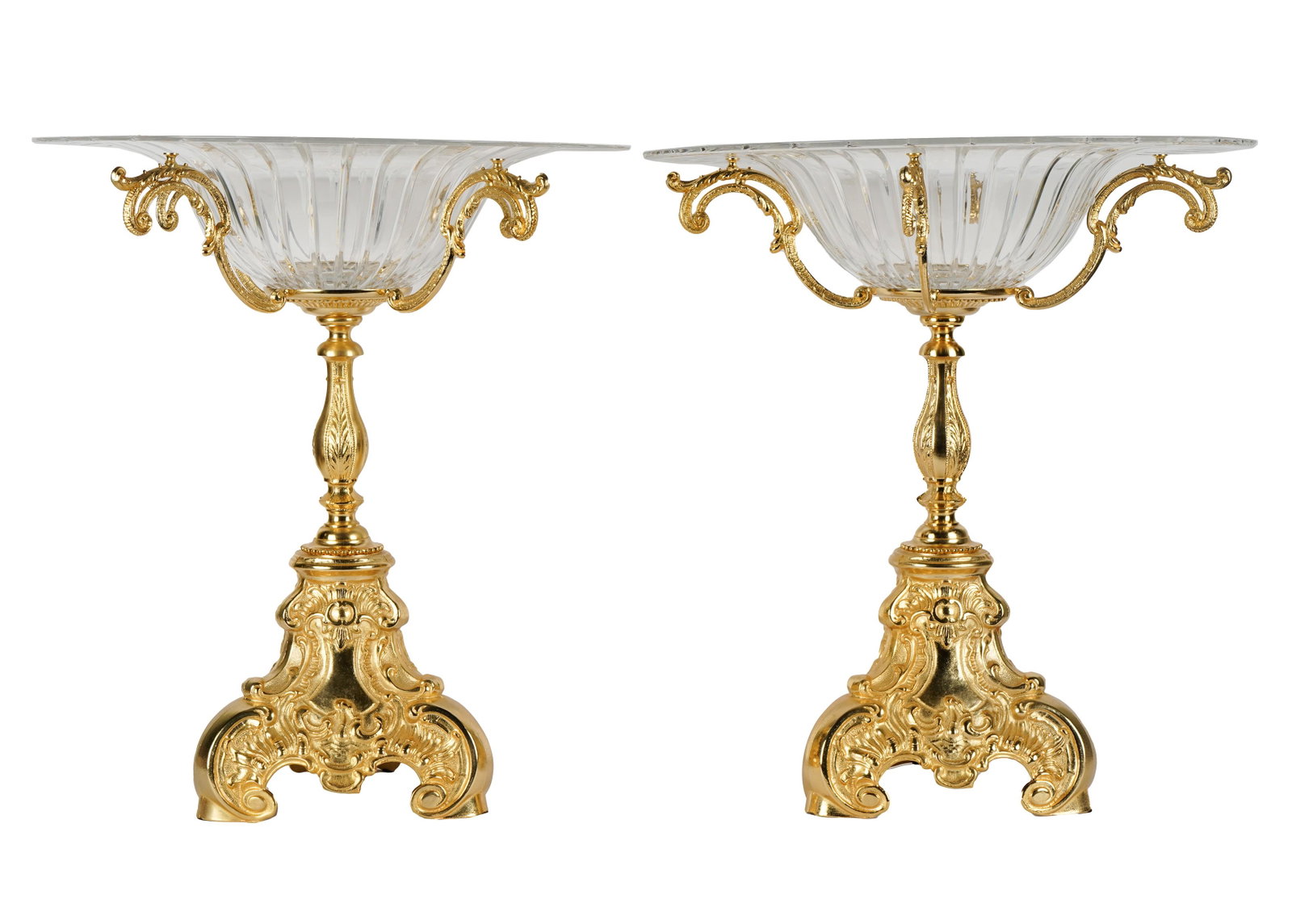 Pair of Rococo-Style Gilt Metal and Cut Glass Tazzas: late 20th / 21st century; unsigned 21 1/4 x 19 3/4 in. dia. (54 x 50.2 cm.)
