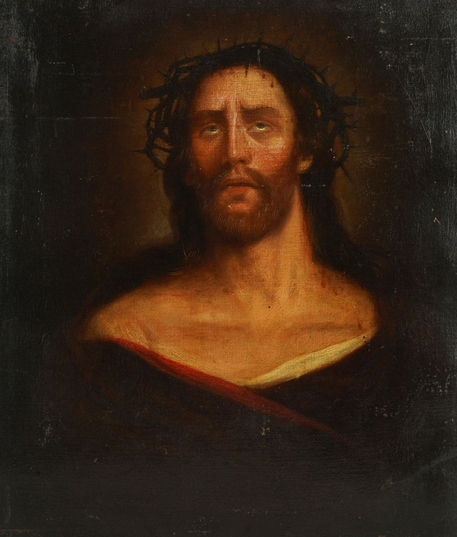 Continental School: Christ: oil on canvas mounted to board, unframed; unsigned 26 1/2 x 22 1/2 in. (67.3 x 57.2 cm.)