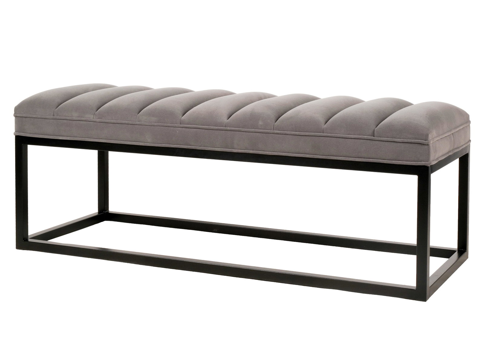 Arhaus Upholstered Bench: blue-grey fabric and ebonized wood; with manufacturer's label 19 1/2 x 54 1/2 x 20 1/2 in. (49.5 x 138.4 x 52.1 cm.)