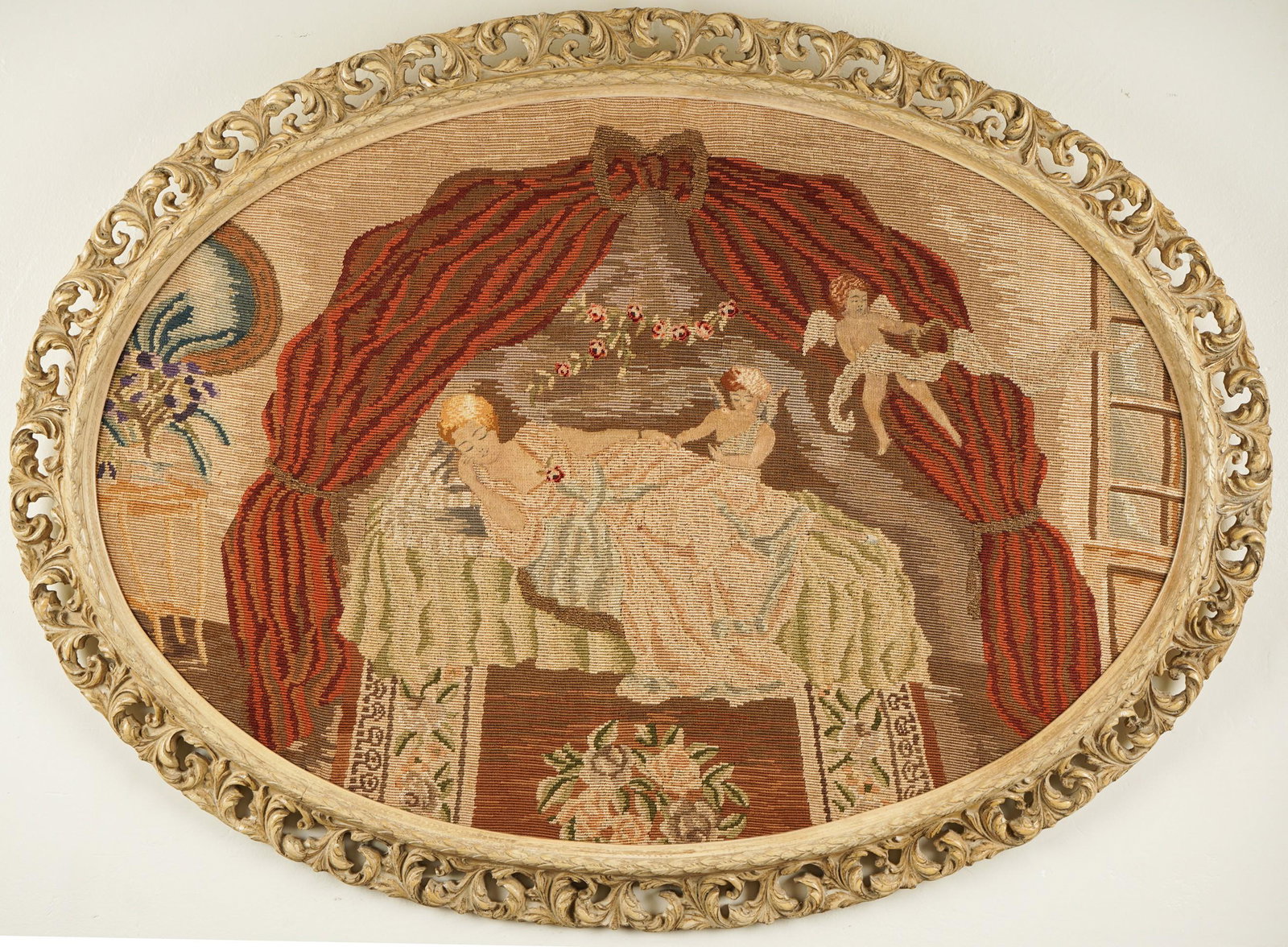 Oval Tapestry Panel: mounted to board, within a giltwood frame sight: 26 x 37 3/4 in. (66 x 95.9 cm.), Frame: 32 x 44 in. (81.3 x 111.8 cm.) Provenance: Property from The Estate of Hermine Beck, Beverly Hills, California