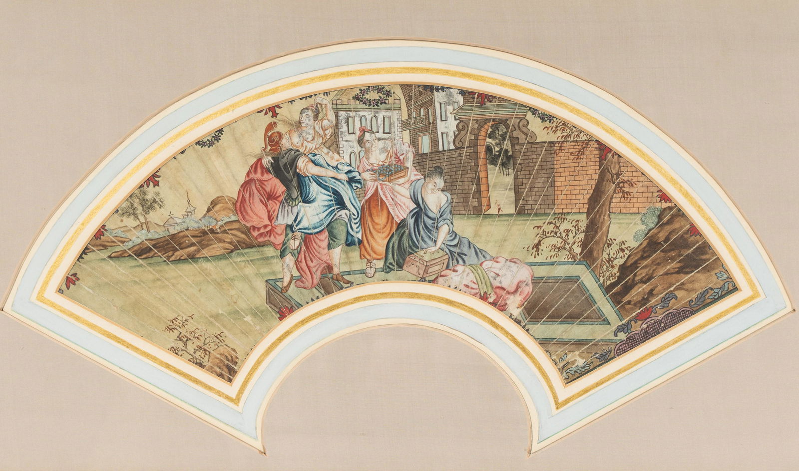 Chinese Export Fan-Form Painting of European Figures (1 of 9)
