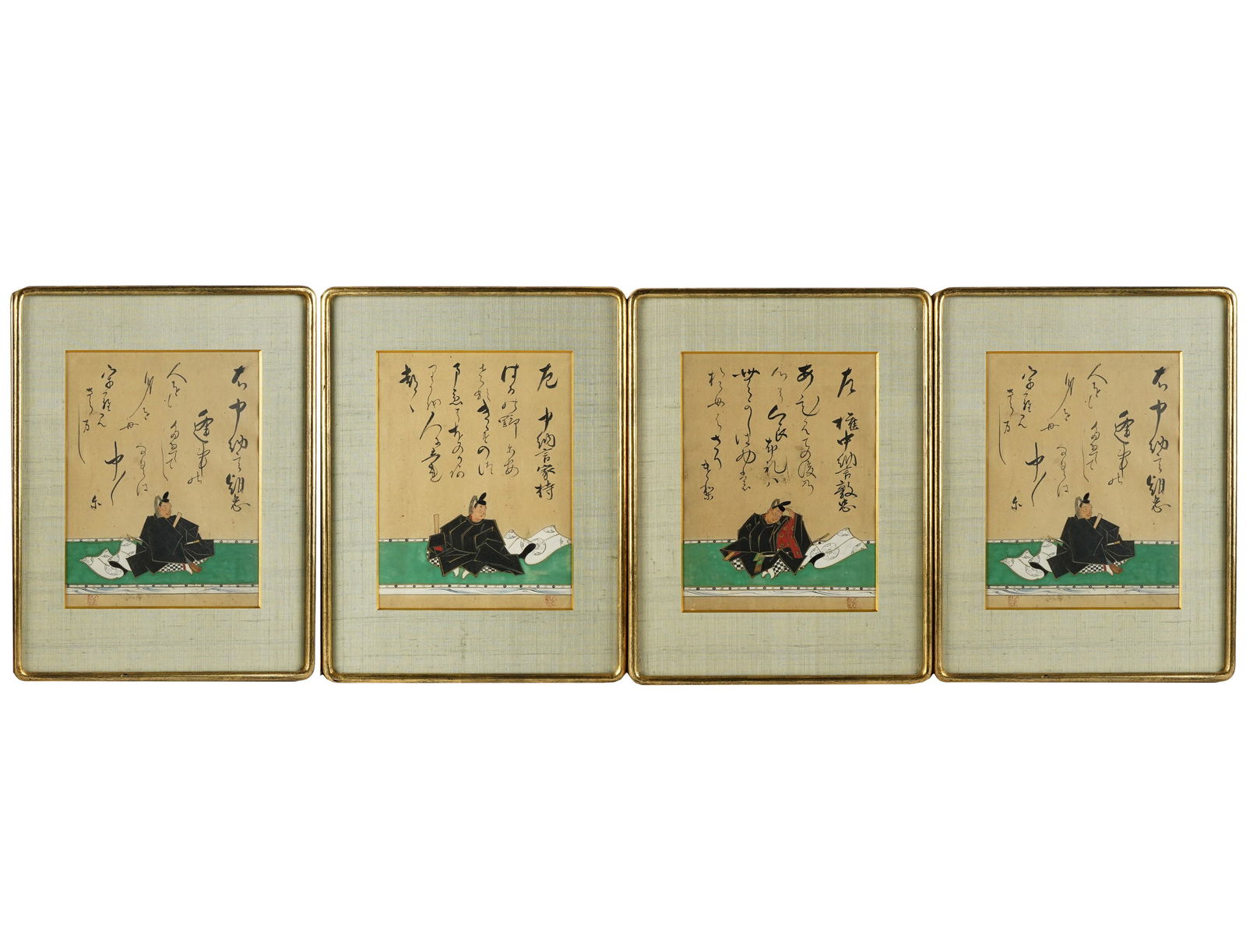After Kano Tan'yu: Four Works: Edo period; ink and colors on silk, matted, framed and glazed; depicting "Poetry Immortals” Sight: 9 3/4 x 7 1/2 in. (24.77 x 19.05 cm.); Frame: 15 1/2 x 11 3/4 in. (39.37 x 29.85 cm.) Provenance: P
