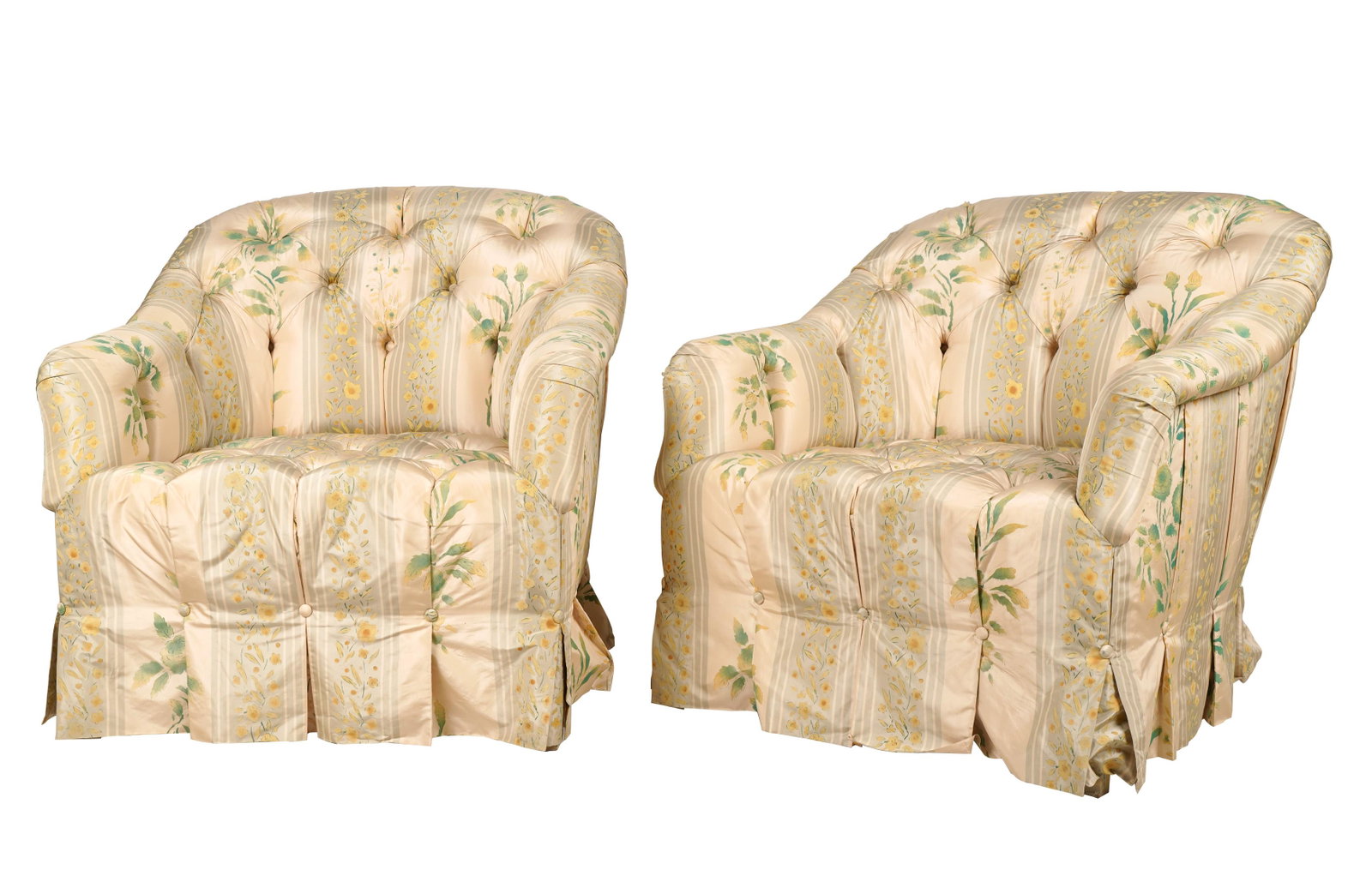 Pair of Floral Silk-Upholstered Armchairs: manufacturer unknown; fully upholstered 36 x 36 x 42 in. (91.4 x 91.4 x 106.7 cm.), seat height: 18 1/2 in. (47 cm.)
