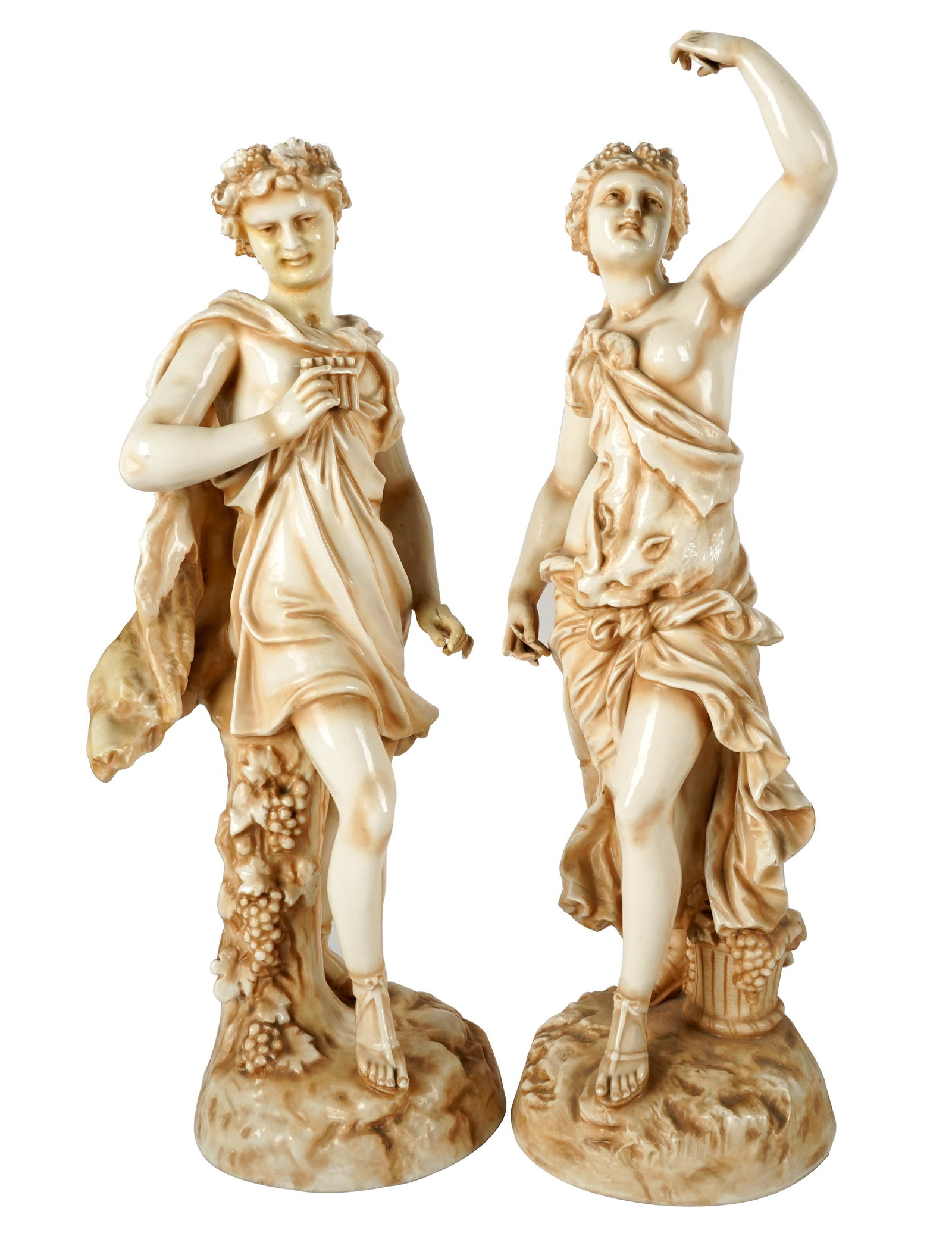Pair of R.W. Rudolstadt Strauss and Sohne Porcelain Figures: 1895 - 1924; gilt and blue painted crowned "RW" mark, impressed model number"410", the first with a height of 18 in. (45.7 cm.) and 6 in. dia (15.2 cm.); the second with a height of 16 1/2 in. (41.0 c