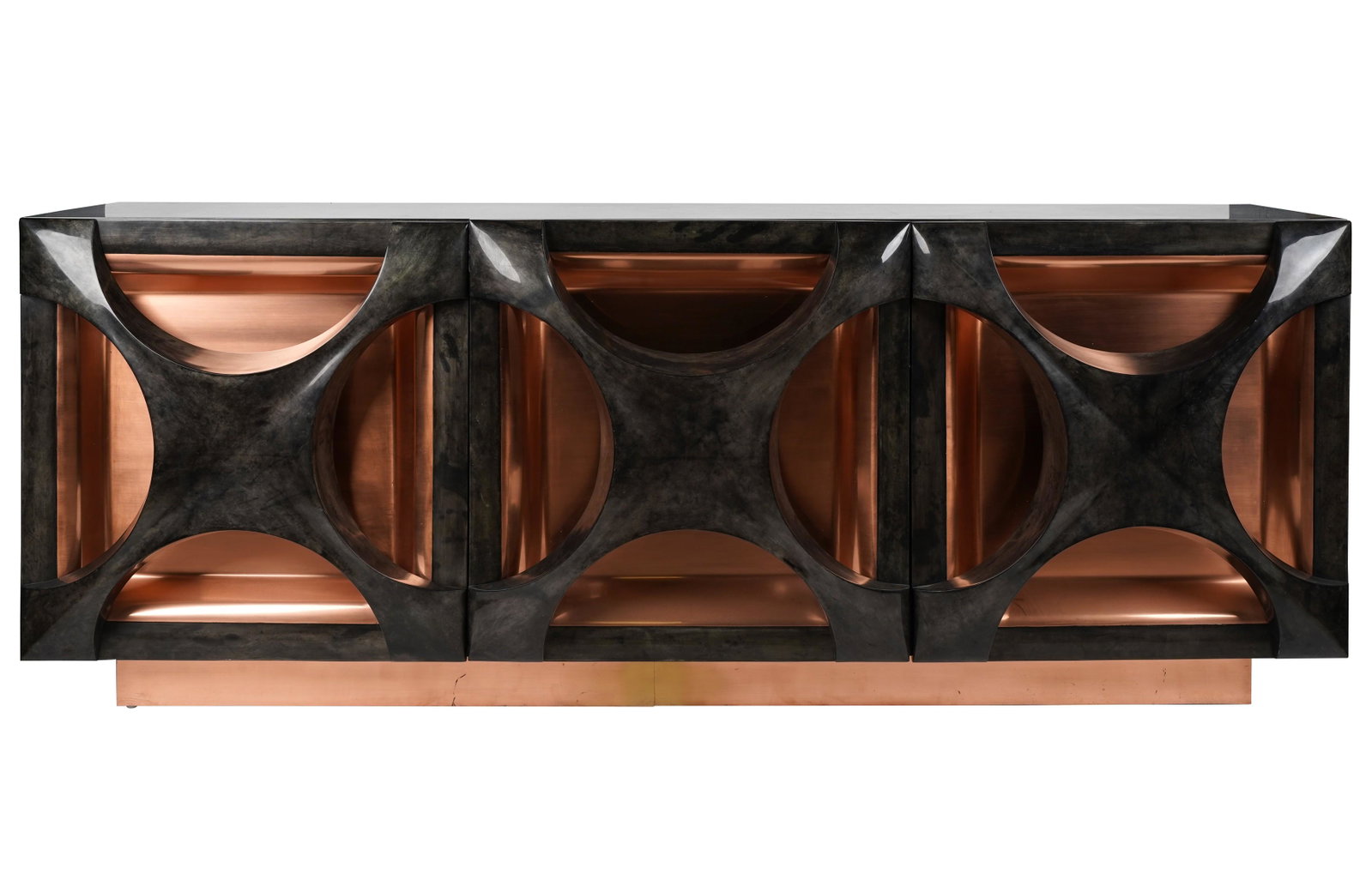 "Panello" Goatskin Parchment-Veneer Sideboard: with copper-clad doors 36 x 94 1/2 x 27 in. (91.4 x 240 x 68.6 cm.)