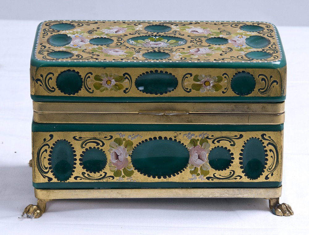 CONTINENTAL OPALINE AND GILT COFFERETTE: the hinged rectangular lid with floral decoration 7 1/4 inches long