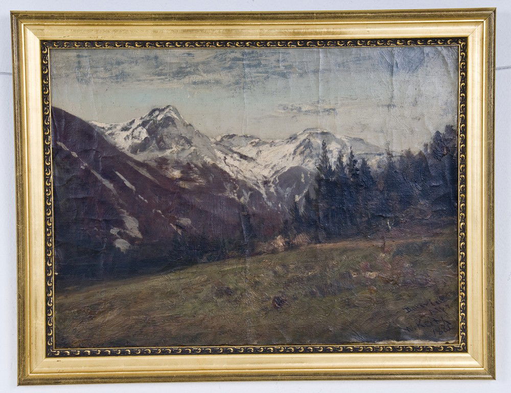 ATTRIBUTED TO WILLIAM KEITH: "BAVARIAN ALPS": circa 1883 oil on canvas laid down on canvas titled, signed, and dated lower right 17 x 23 1/2 inches