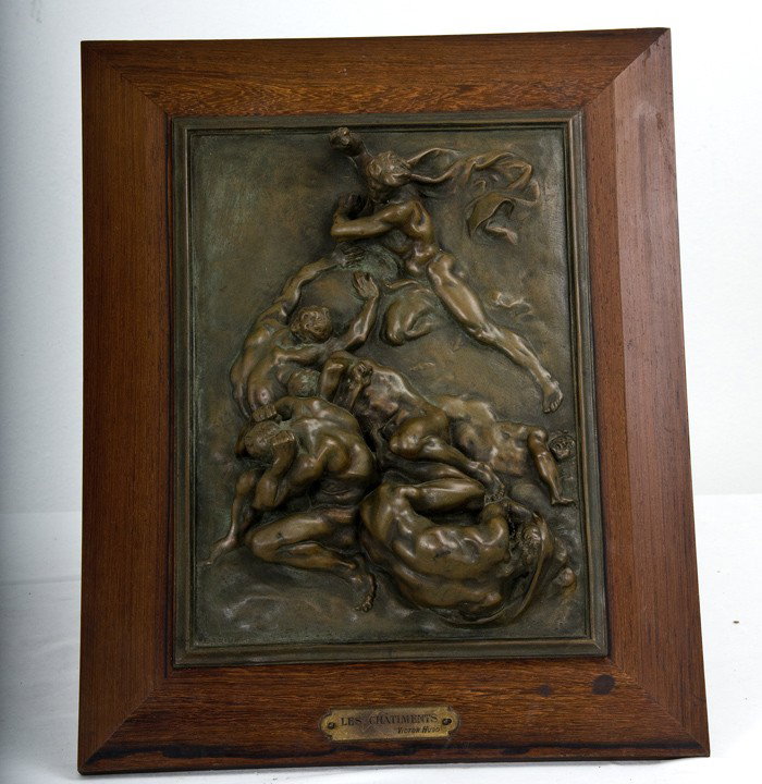 JULES DALOU: "LES CHATIMENTS": bronze relief plaque with mahogany frame inscribed in casting with "Suisse Fres" foundry 19 x 15 total inches