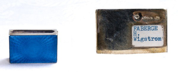 RUSSIAN SILVER AND ENGINE-TURNED BLUE ENAMEL MATCH: with the stamp of Faberge and the mark of Henrik Wigstrom 1 1/2 inches wide