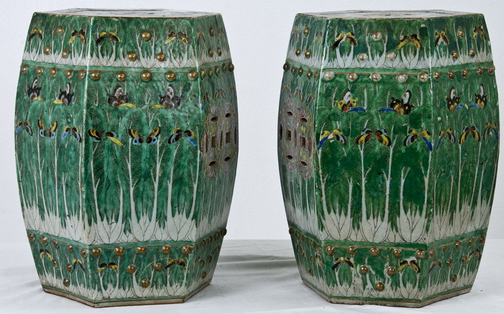 PAIR OF CHINESE HEXAGONAL PORCELAIN GARDEN SEATS: Cabbage and butterfly pattern 18 inches high