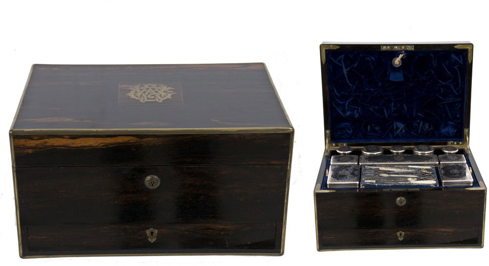 VICTORIAN CALAMANDER AND ENGLISH SILVER TRAVEL SET: Thomas Johnson, London, 1857-58 retailed at J. Bramah, London fitted with five silver and glass bottles, five boxes, and a manicure set 14 inches long