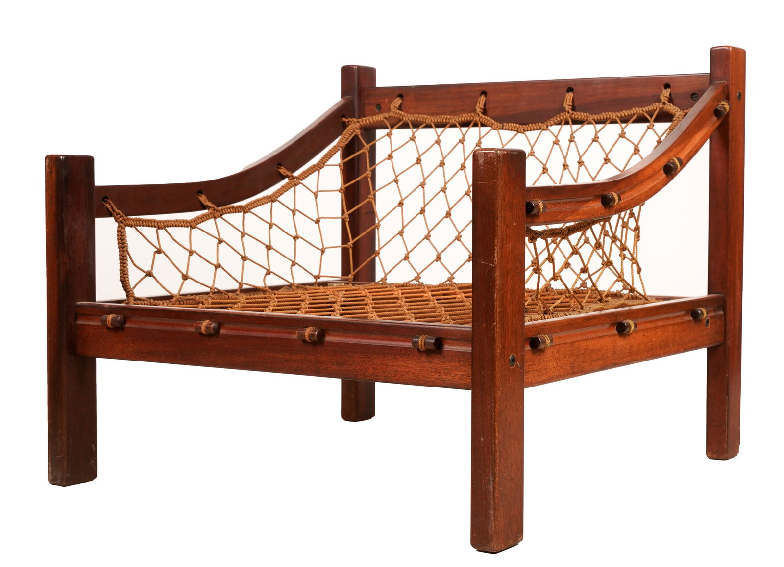 Brazilian Rosewood Armchair: by Jean Gillon for Italma; with label to underside; the seat and backrest slung with rope 26 1/2 x 30 1/2 x 31 3/4 in. (67.3 x 77.5 x 80.6 cm.), seat height: 11 in. (27.9 cm.)