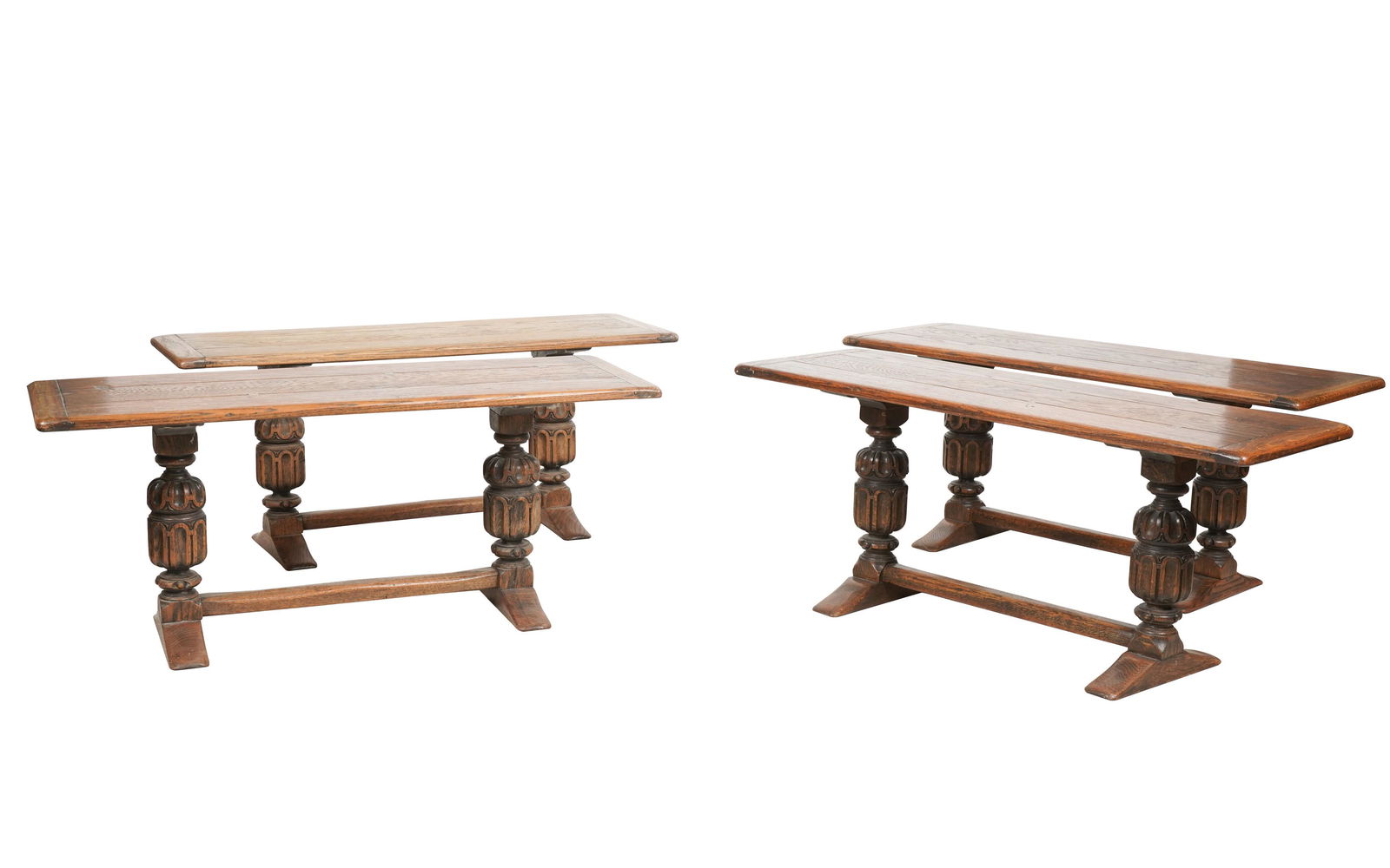 Set of Four Elizabethan-Style Carved Oak Benches (1 of 7)