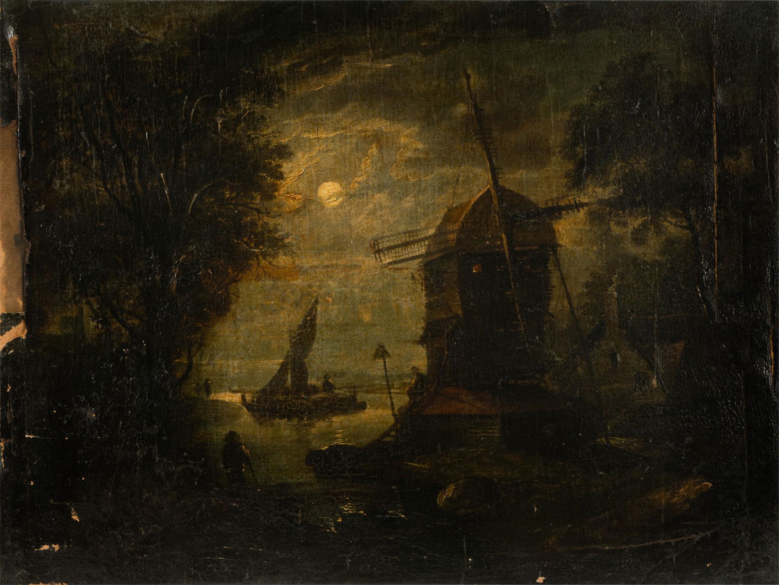 Continental School: Nocturnal Coastal with Ships and Windmill: oil on canvas, unframed; unsigned 22 x 28 1/2 in. (55.9 x 72.4 cm.)