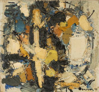 John Harrison Levee (1924-2017): April IV: oil on board 1957; signed and dated lower right, signed and dated again and titled verso 7 1/2 x 8 in. (19.1 x 20.3 cm.), Frame: 14 1/4 x 14 3/4 in. (36.2 x 37.5 cm.)Provenance: Property from The Esta