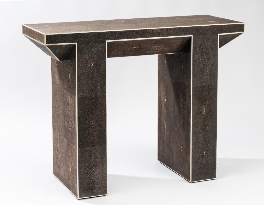 Karl Springer: T-Shaped Console Table: shagreen with bone inlay; signed to label on underside32 1/2 x 42 x 16 in. (82.6 x 106.7 x 40.6 cm.) Provenance: Property from the personal collection of Jeff Schuerholz of Fat Chance, the iconic Los 