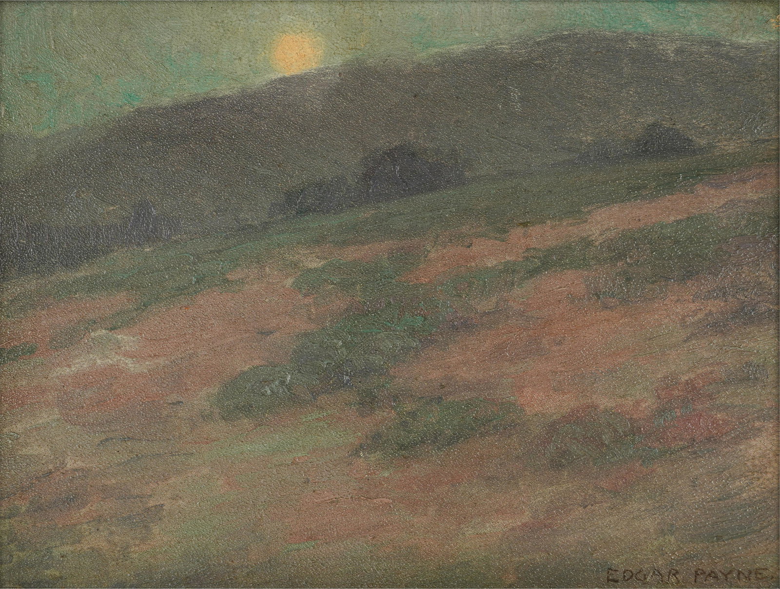 Edgar Alwin Payne (1883-1947): Evening Landscape: Edgar Alwin Payne (1883-1947): Evening Landscape c. 1915; oil on board, signed lower right; Provenance: Elliot Hubbard Fine American Paintings, New York; Adamson-Duvannes Galleries, Los Angeles 9 x 12