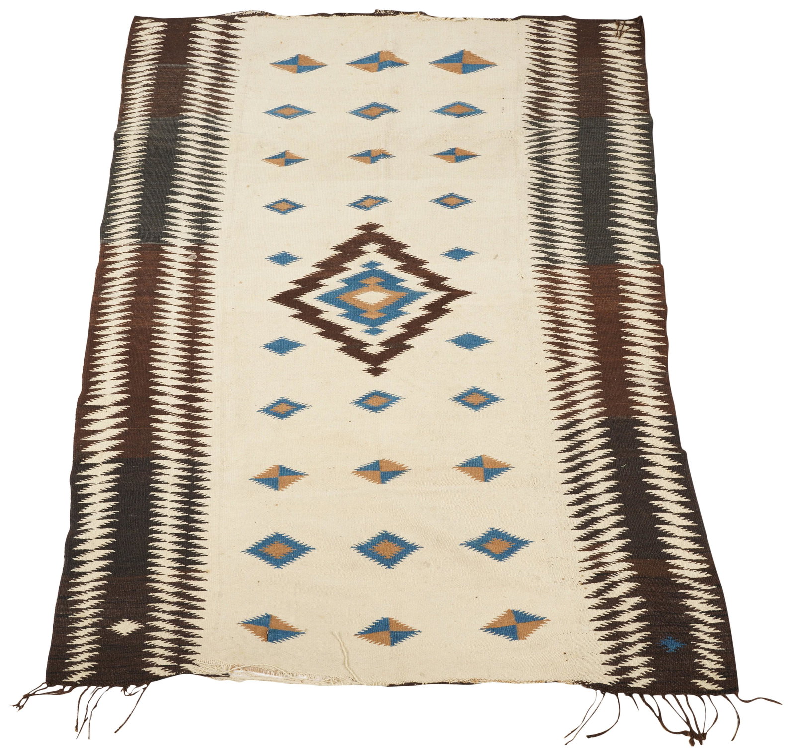 Mexican or Southwest Style Blanket: wool; in a palette of brown, beige and blue 6'6" x 4'7"