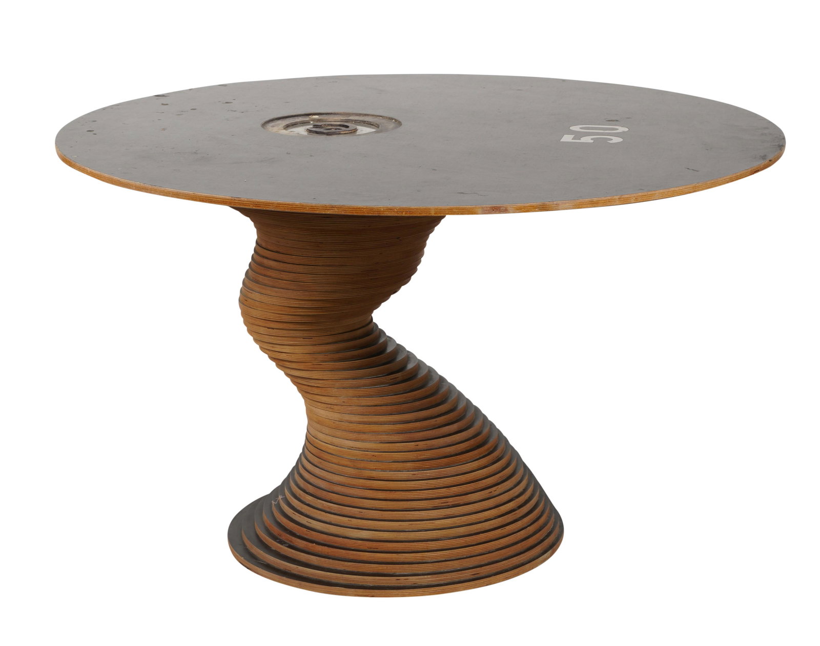 Marcello Pozzi for Restoration Hardware: Stack 50 Dining Table: Italy; crafted of 50 plywood disks, finished in matte brown phenolic resin with sanded plywood edges, the top inset with the number "50" in stainless steel 30 x 48 x 48 in. (76.2 x 121.9 x 121.9 cm.)