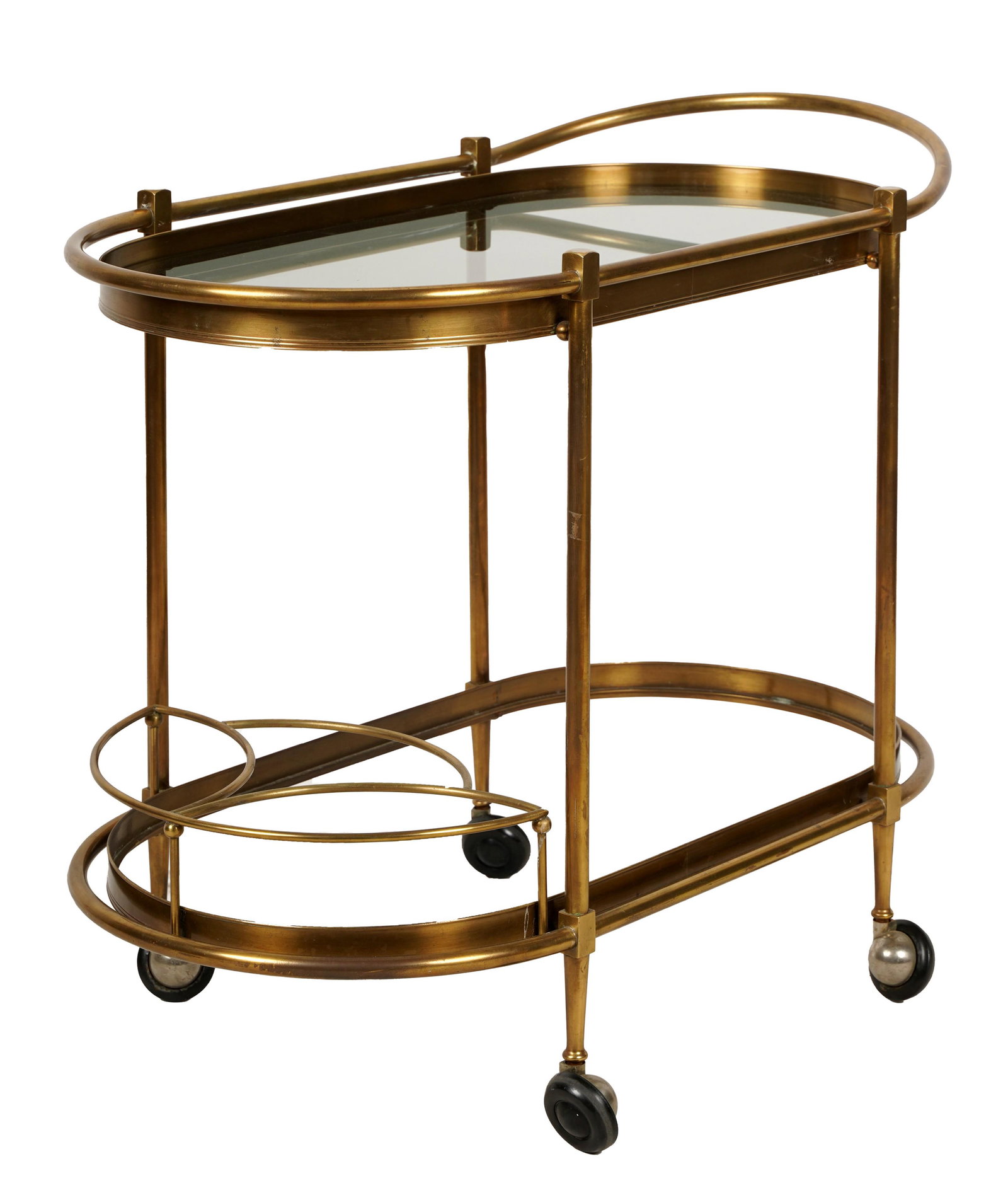 Mid-Century Modern Brass and Glass Bar Cart: unsigned; with one inset glass shelf 27 3/4 x 33 3/4 x 18 1/4 in. (70.5 x 85.7 x 46.4 cm.) Provenance: Property from an Estate, Beverly Hills, California (a Michael Smith Installation)