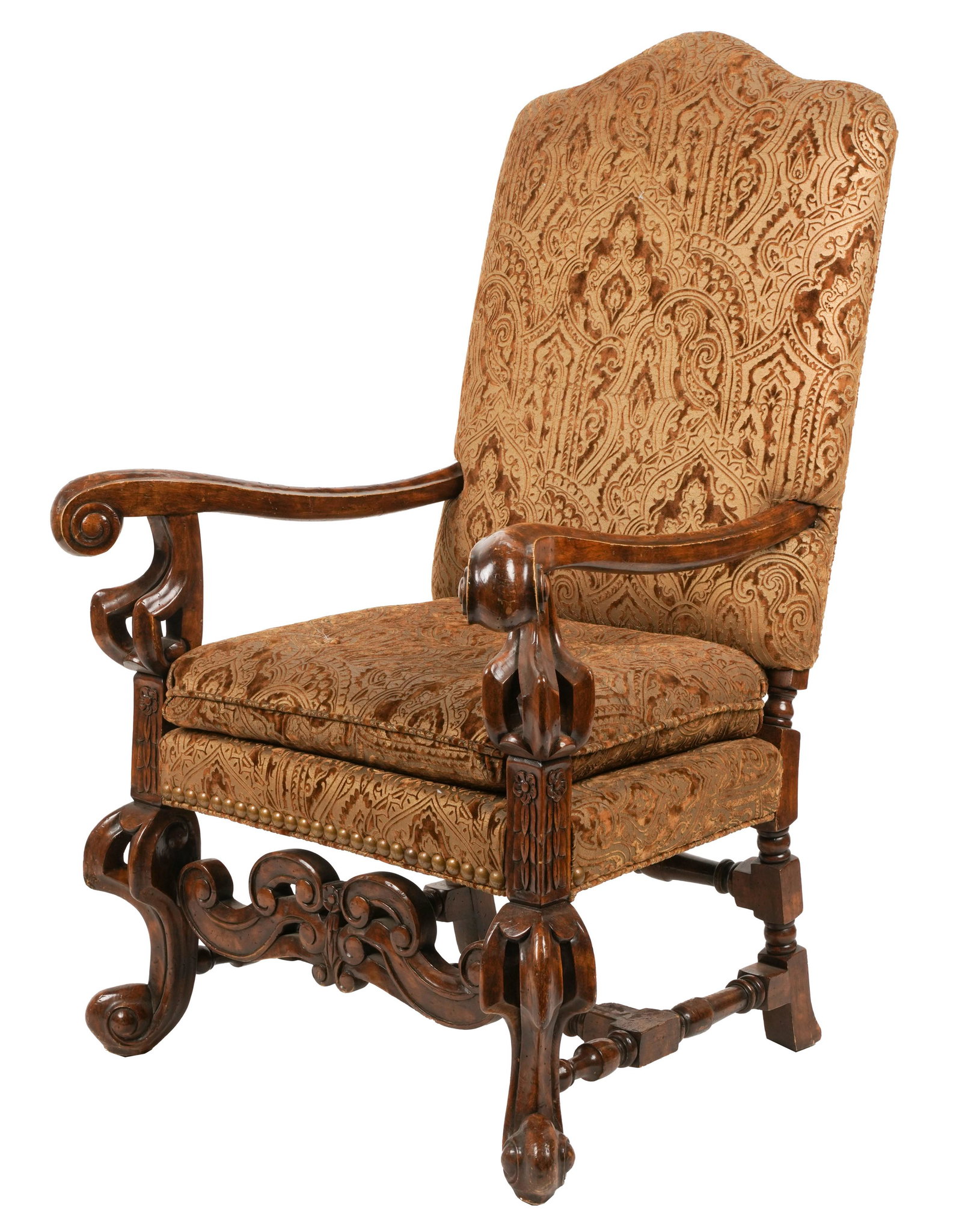 Italian Baroque-Style Carved Armchair: contemporary; unsigned; covered with cut-velvet fabric, the seat cushion attached 51 x 29 x 29 in. (129.5 x 73.7 x 73.7 cm.), Seat height: 21 in. (53.3 cm.)
