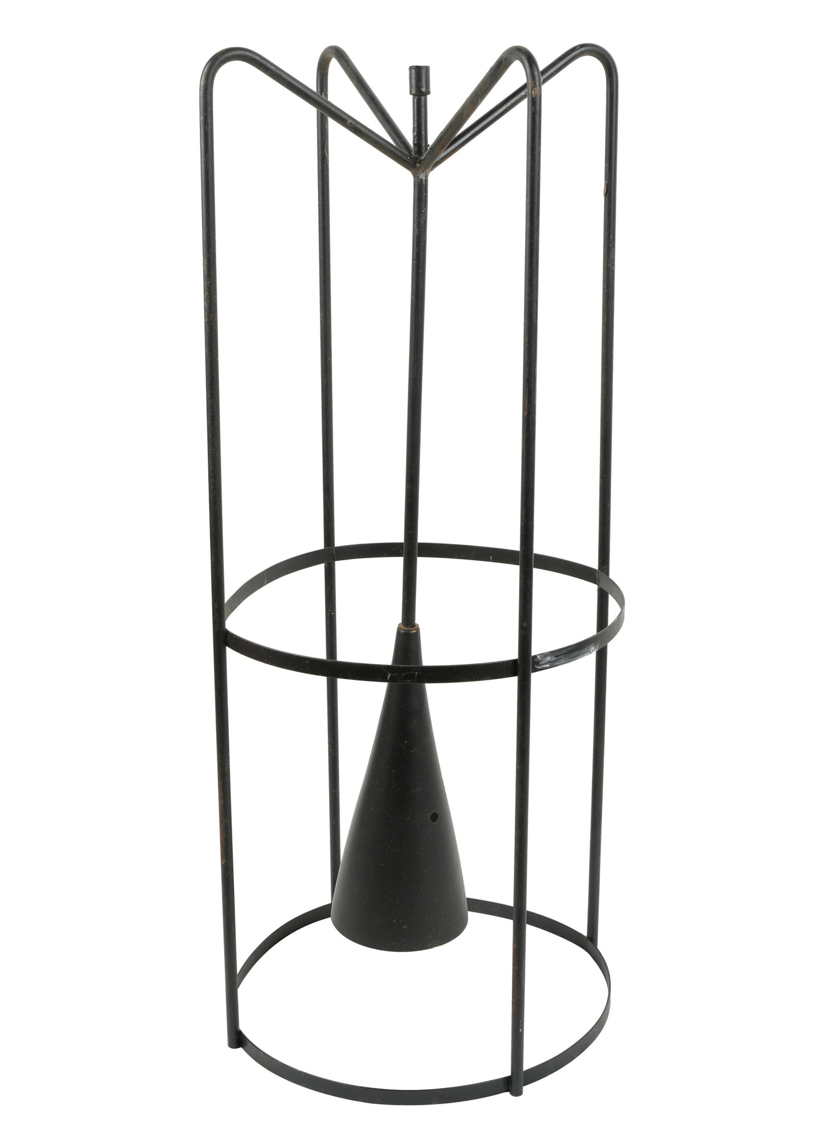 Vintage Black Metal Cage Lamp: mid 20th century; unsigned 29 x 13 in. (73.7 x 33 cm.) Property from the personal collection of Jeff Schuerholz of Fat Chance, the iconic Los Angeles store for the Hollywood elite Note: Jeff Schuerhol