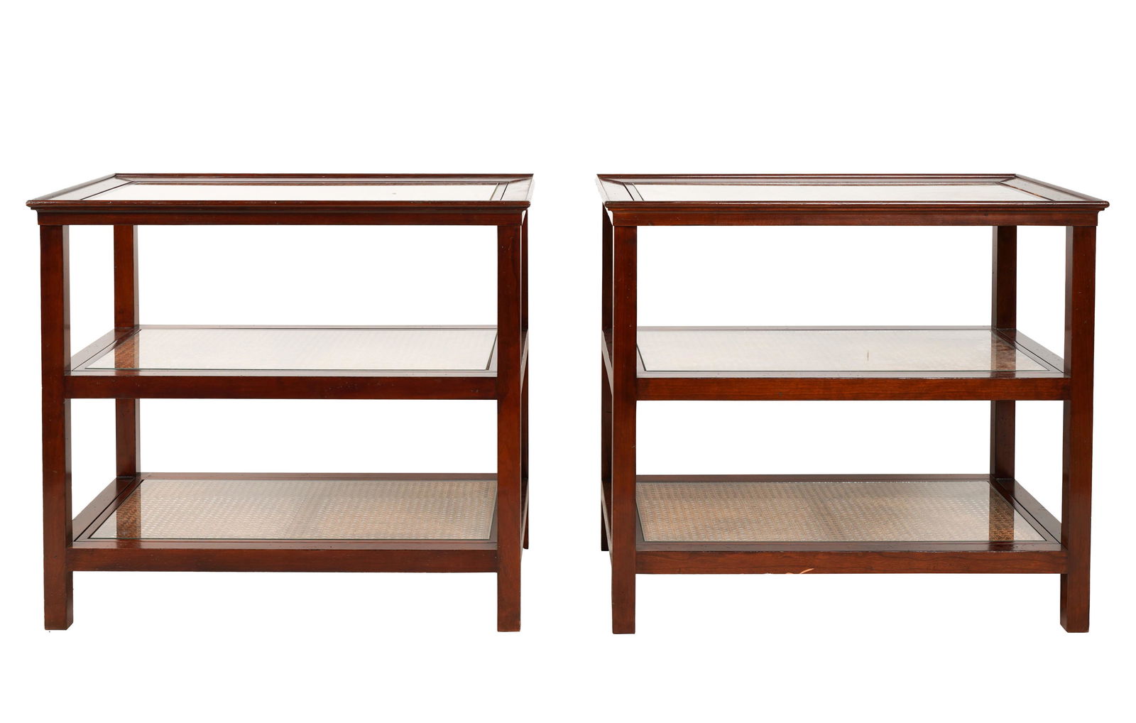 Pair of Mahogany, Cane, and Glass Tiered Tables (1 of 8)