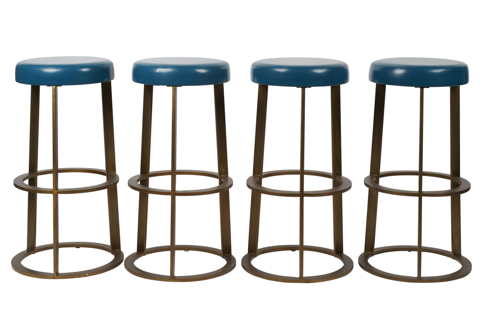 Set of Four Brass and Blue Leather Bar Stools (1 of 10)