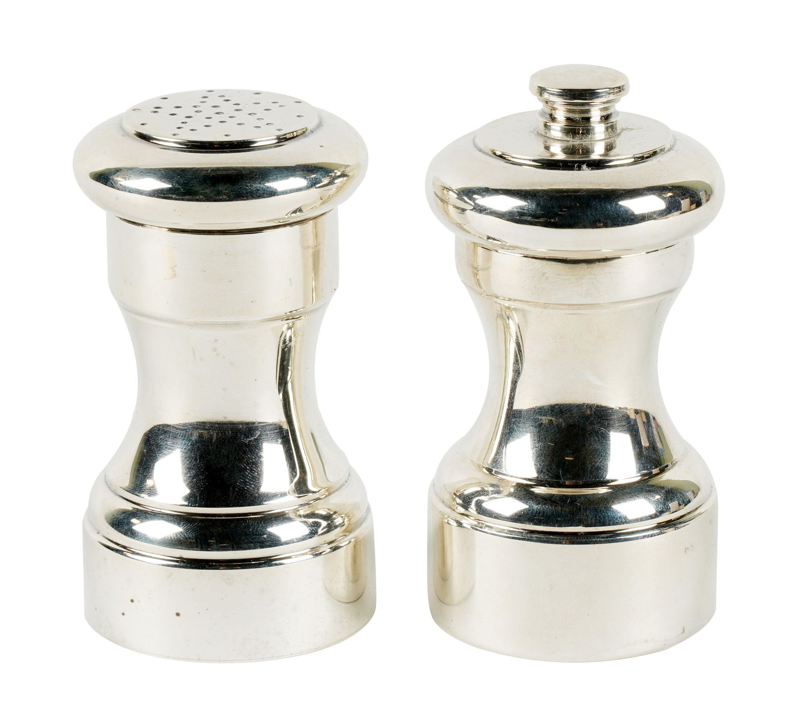 Tiffany and Co. Sterling Salt and Pepper Shaker Set: each marked "Tiffany and Co. / Makers / Sterling"; the salt further marked "23977" (3 1/2 in. high, approximately 106 grams), the pepper further marked "Peugeot / France" (4 in. high, approximately 23