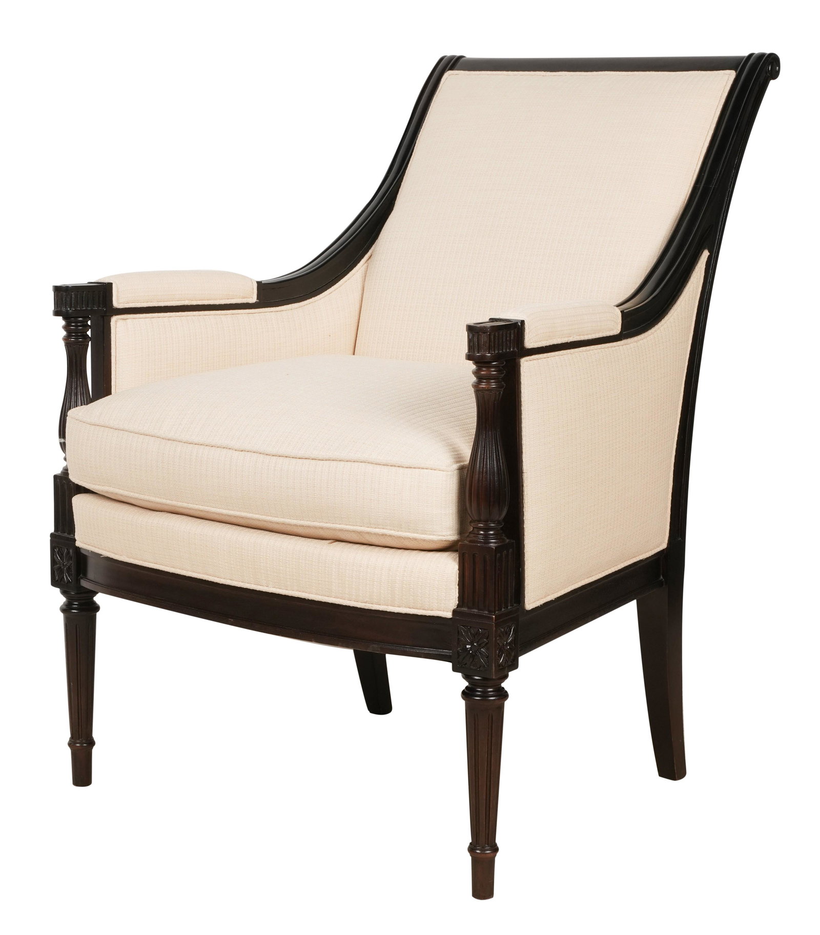 Hickory Chair Co. Bergere: ebinized wood, cream-colored fabric; with factory label 39 x 28 3/4 x 31 in. (99.1 x 73 x 78.7 cm.), Seat height: 22 in. (55.9 cm.) Provenance: Property from an Estate, Beverly Hills, California (a Mi