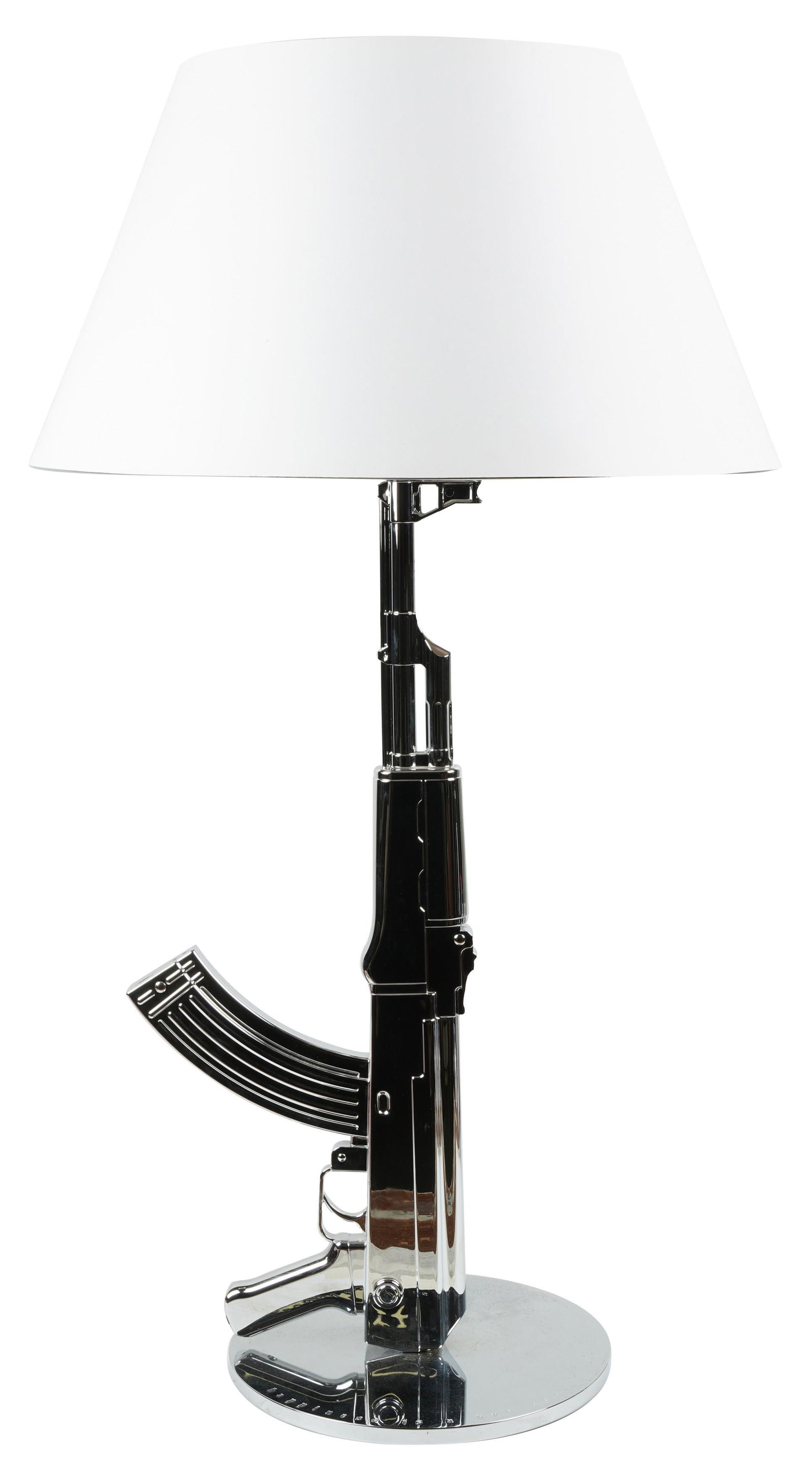 Philippe Starck / Flos: Happiness is a Hot Gun Table Lamp: chromed aluminum; "Flos with Starck" manufacturer's label to underside; the hardback paper side with white exterior and beige and silver patterned interior Overall: 36 1/2 in. (92.7 cm.) high; Shade: