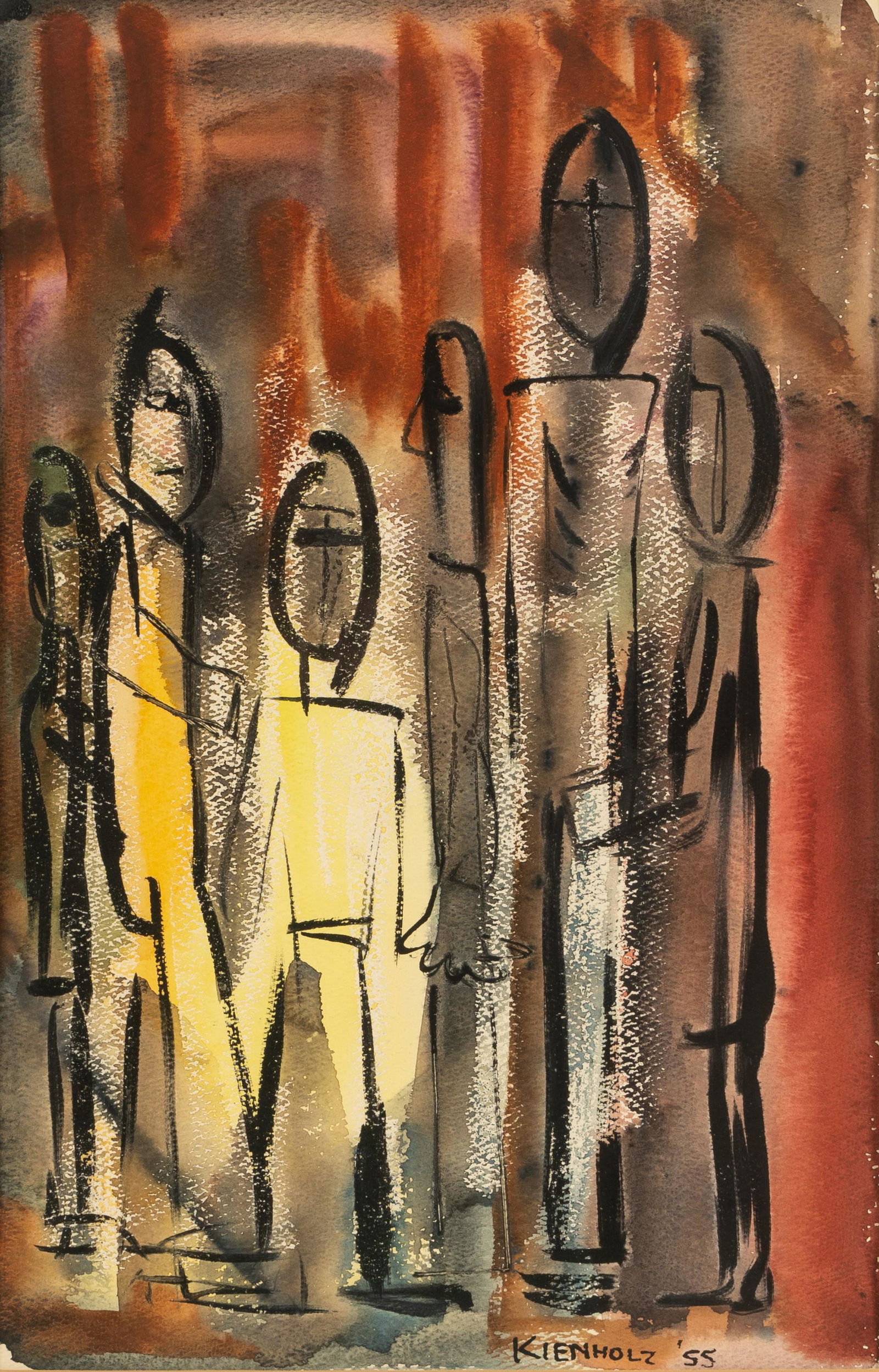 Edward Kienholz (1927-1994): Figures: watercolor and ink on paper 1955; signed and dated lower right Sight: 17 x 11 in. (43.18 x 27.94 cm.), Frame: 25 x 19 in. (63.50 x 48.26 cm.)